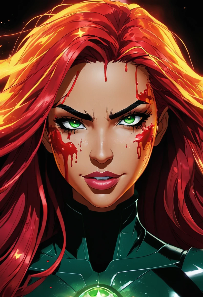 Star fire from titans, with fiery red and wavy long hair, tannish-golden skin, beautiful covered in blood, good quality, depression, mouth is filled with blood, looking straight forward, full face of blood, glowing Emerald eyes, dark background.