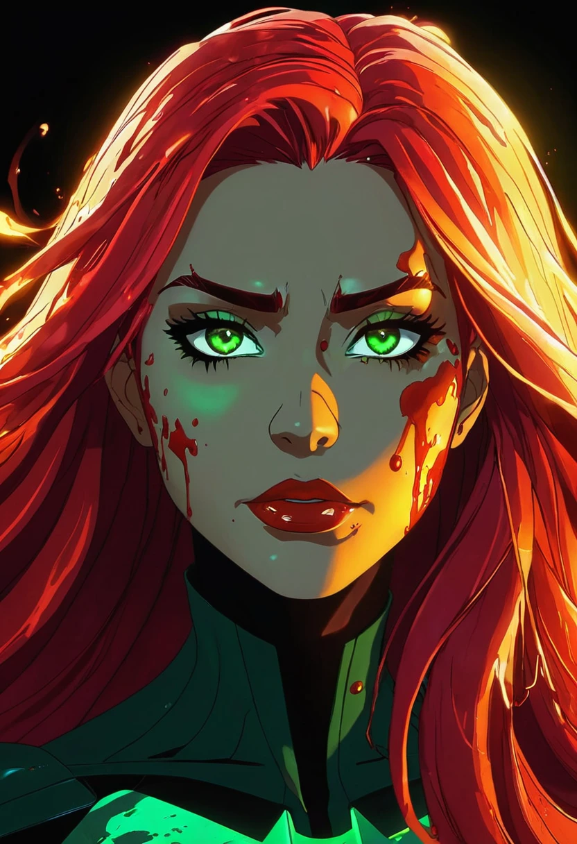 Star fire from titans, with fiery red and wavy long hair, tannish-golden skin, beautiful covered in blood, good quality, depression, mouth is filled with blood, looking straight forward, full face of blood, glowing Emerald eyes, dark background.