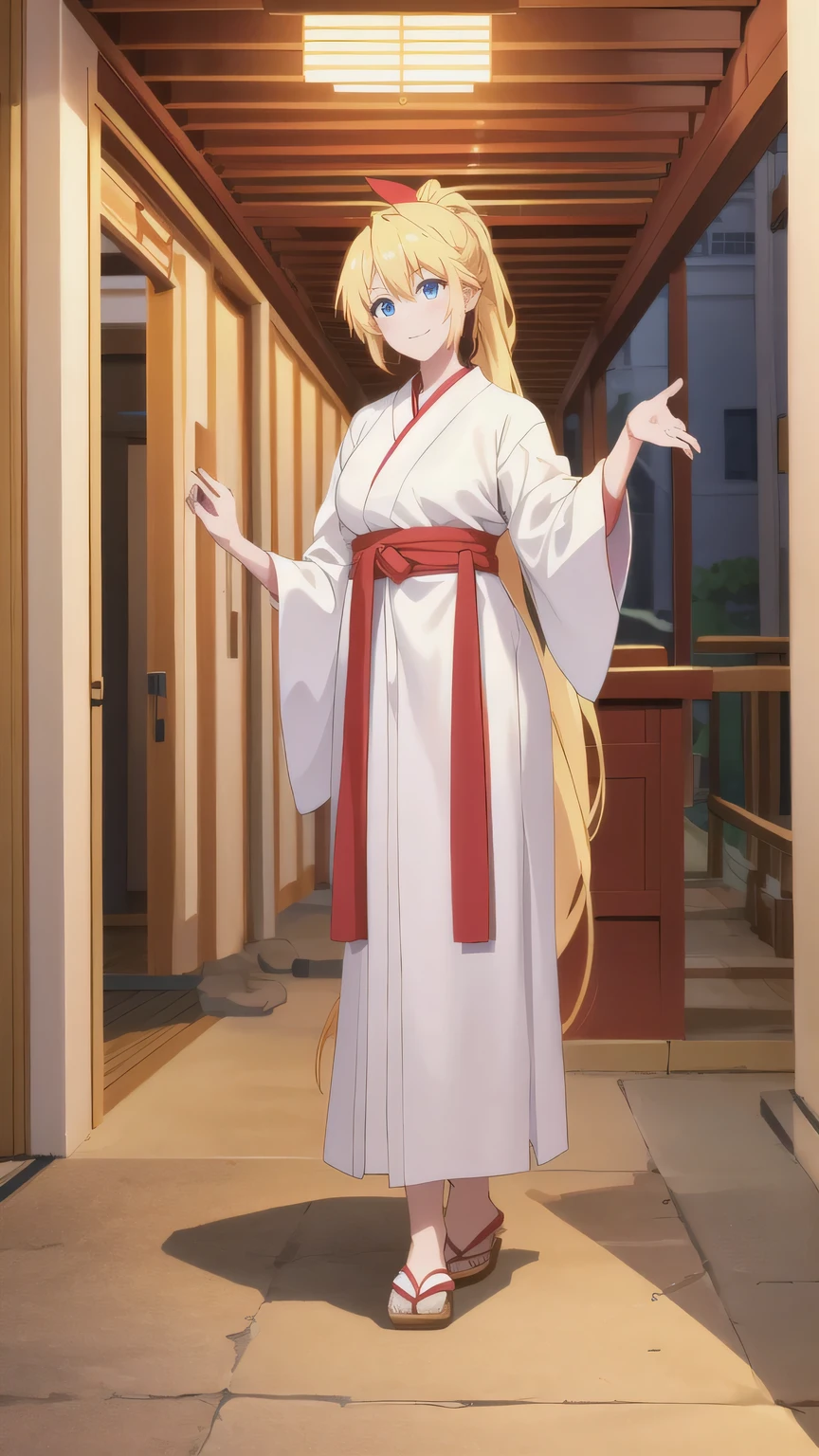 blonde hair,blue eyes, in miko clothes cleaning the entrance of the Temple, , long hair, ponytail, white robe, (red hakama;1.45), straw broom, Tsurugaoka Hachimangu Temple, cute, kawaii, beautiful, smile posing, looking at viewer, (masterpiece, best quality:1.5) ,high resolution, extremely detailed, trending on pixiv, masterpiece, cinematic lighting, (anime art style:1.45),
