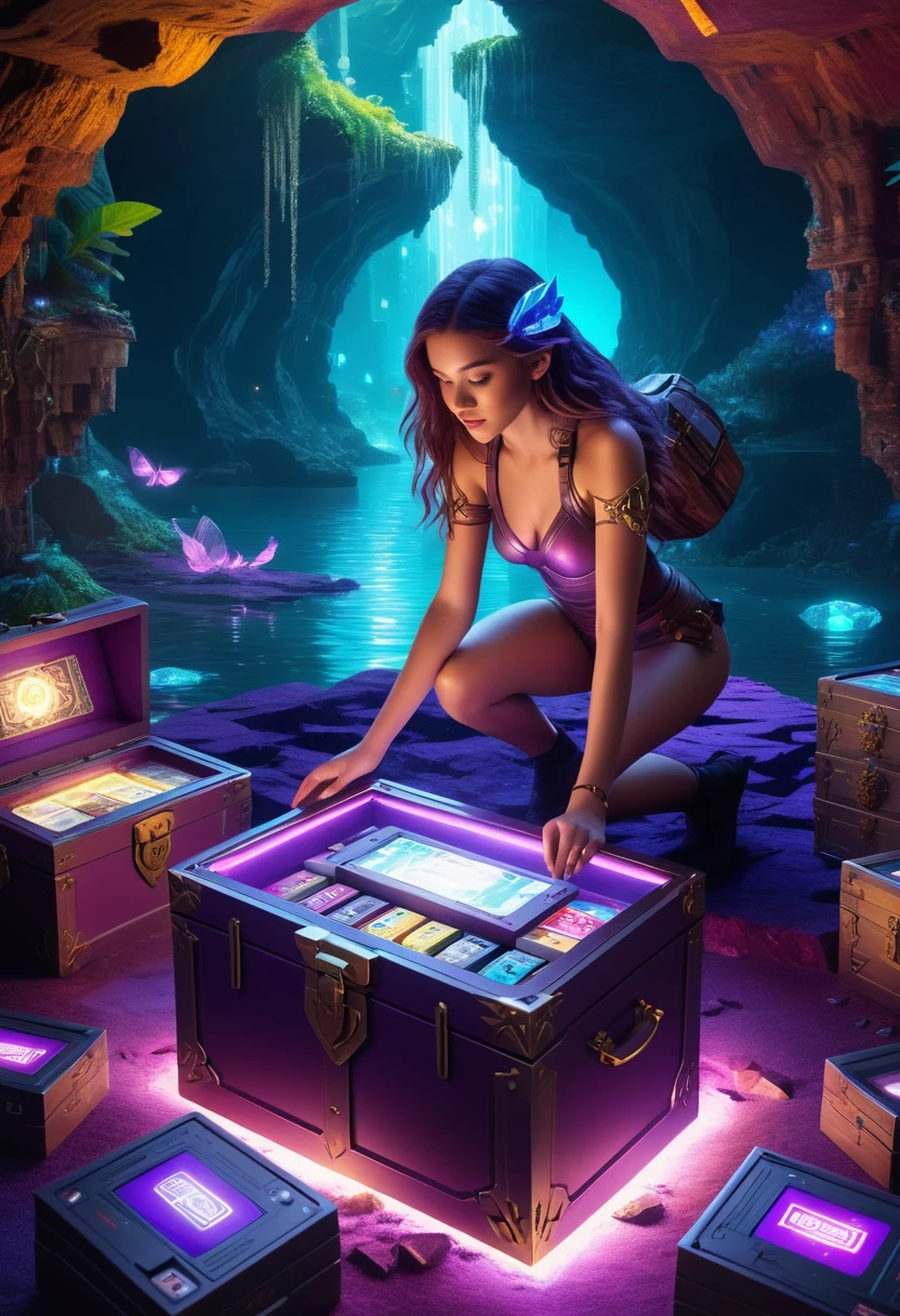 (best quality,4k,8k,highres,masterpiece:1.37), ultra-detailed, (realistic,photorealistic,photo-realistic:1.37), (aerial view), (top down perspective), (1insectoid girl), (the focal point is a girl pulling a video game cartridge out of a futuristic artifact chest full of retro video game cartridges:1.6), (the girl is looking at the box:1.4), (Futuristic artifact box), (the artifact box is open), (The scene unfolds inside a mystical cavern:1.4), fractal_body, cyborg, (The girl is wearing an organic exoskeleton, covering her entire body, made with glass details:1.5), (dynamic angle:1.37), (The girl's hair is made of fractal technologic components:1.5), (fantasy and sci-fi mixed:1.5), holographic glitch effects floats around the girl, vibrant colors, (A purple glow emanates from inside the treasure chest), glowing lights, (abandoned machinery), (there are old video game cartridges and consoles on the background), mystical creatures, pixelated details, (there are crystal formations spreading on the background), (futuristic technology), (ancient artifacts), mystical energy, vibrant retro aesthetic, atmospheric lighting, ancient ruins, mysterious symbols, shimmering water, lush vegetation, interdimensional portals, nostalgic atmosphere, immersive storytelling, epic adventure, delightful surprises