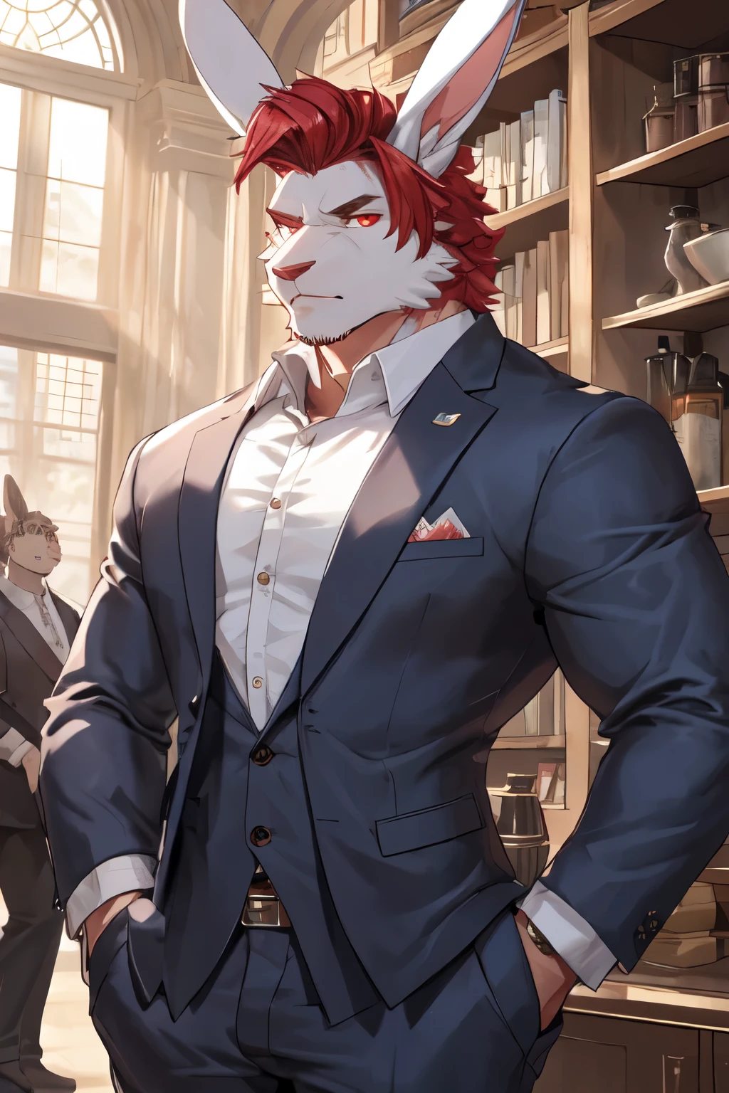 ((best quality)), ((masterpiece)), (detailed), perfect face, bara furry, rabbit man, big body, white skin, short quiff red hair, red eyes, perfect eyes, long rabbit ears, handsome, at company, blue suit