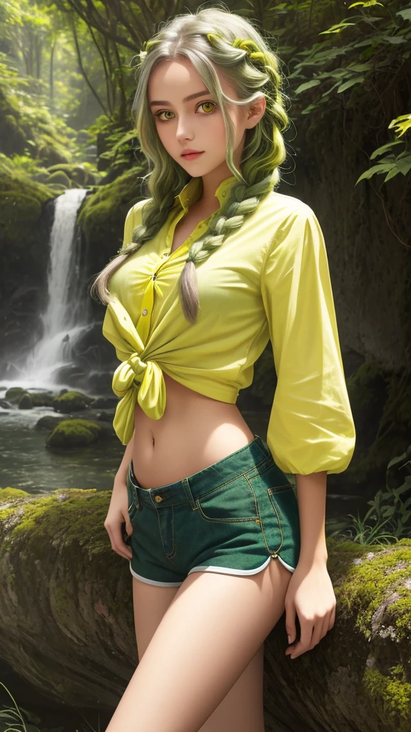 age girl, old green braid, yellow eyes, gorgeous face, knotted shirt, shorts, skinny, pretty belly, slim legs, standing natural scenic spots, 30k, exquisite clothing details, high profile.