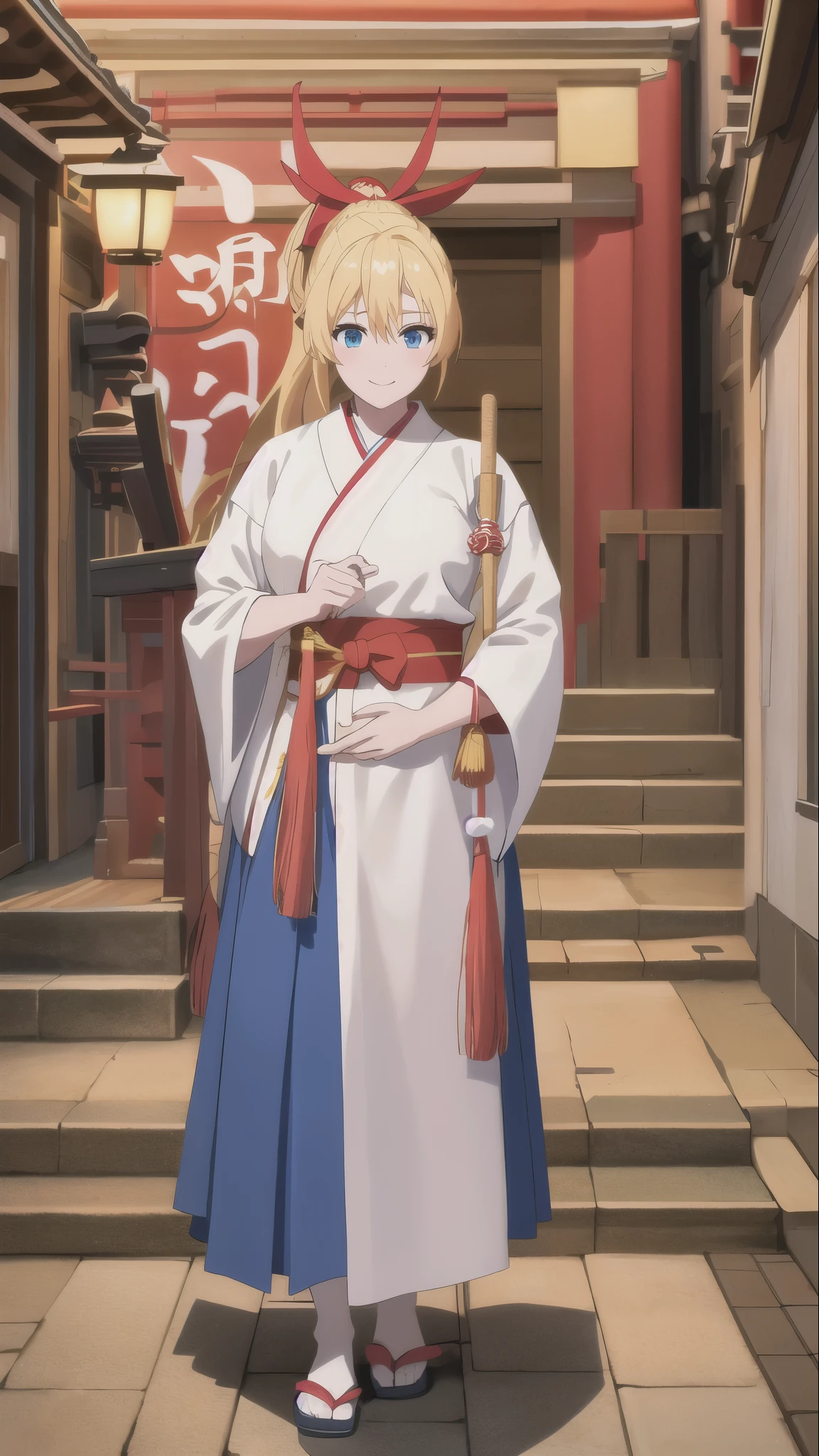 blonde hair,blue eyes, in miko clothes cleaning the entrance of the Temple, , long hair, ponytail, white robe, (red hakama;1.45), straw broom, Tsurugaoka Hachimangu Temple, cute, kawaii, beautiful, smile posing, looking at viewer, (masterpiece, best quality:1.5) ,high resolution, extremely detailed, trending on pixiv, masterpiece, cinematic lighting, (anime art style:1.45),
