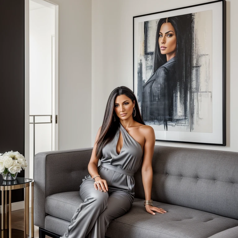 (masterpiece, high resolution, photo-realistic:1.3), Karla Jaeger poised on a contemporary couch in a chic urban living room, her (expressive gray eyes:1.2) capturing the essence of the vibrant city outside, (sleek straight hair:1.2) framing her features with urban chic, dressed in a (trendy jumpsuit:1.2) paired with avant-garde accessories, abstract artwork adorning the walls, imbuing the space with a sense of modern elegance and sophistication