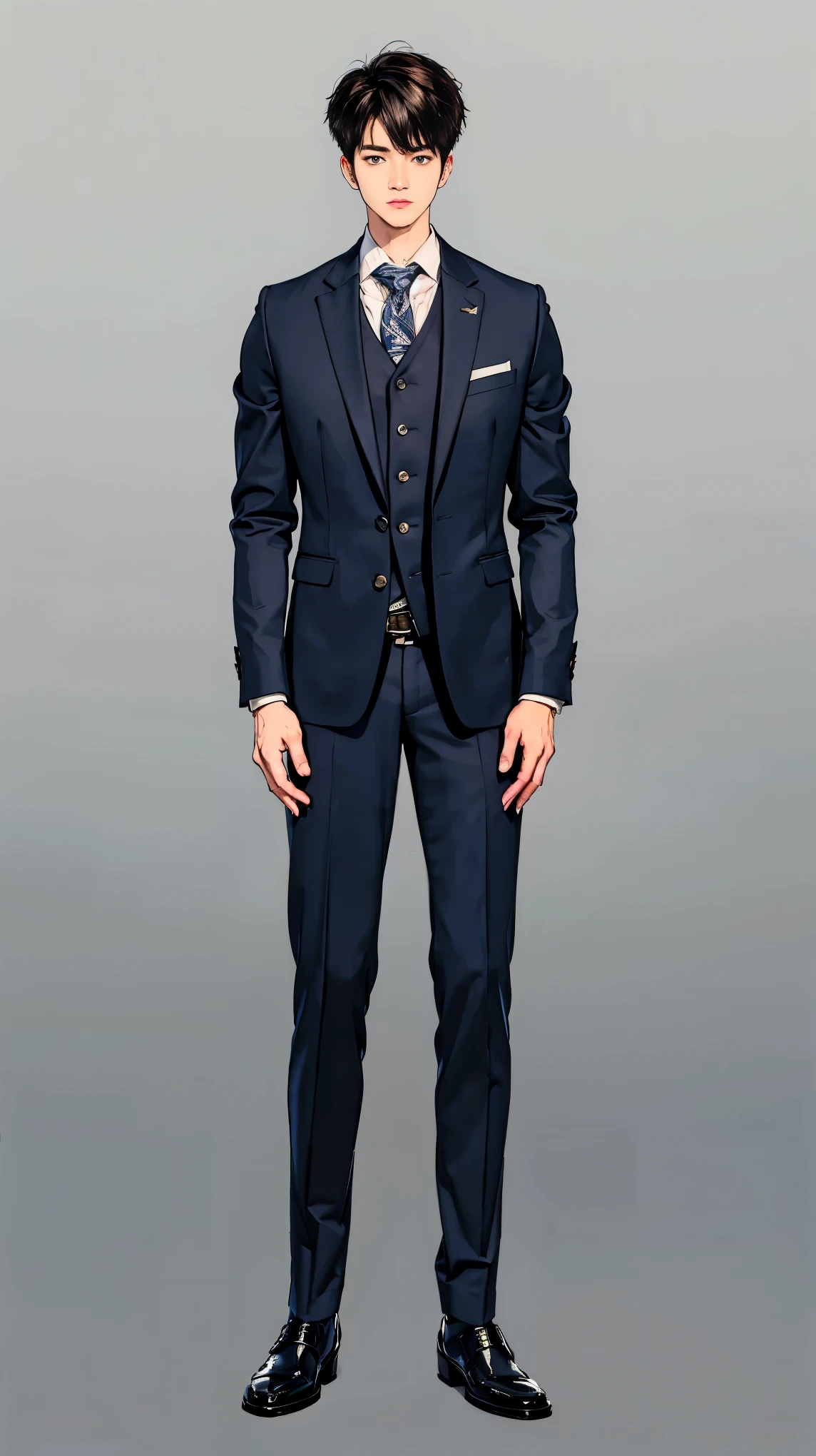 ((best quality,4k,highres,masterpiece:1.2)),((character concept art)), 1 male, 17-year-old Japanese male, high school student, son of a tech billionaire, ((brown hair)), handsome, tall, fitness model body, womanizer, heart-breaker, spoiled ???, rich ???, narcissist, ((intricate detail)), super finely detailed hands, ultra finely detailed fingers(((ten fingers))), wearing elite private high  comprised of a dark-colored blazer or jacket, often navy or black, with a school emblem or crest, matching trousers tailored for a neat appearance, a tucked-in white dress shirt, a standard tie in school colors, black or brown leather dress shoes, an optional vest or sweater in school colors, and plain, dark-colored socks that match the rest of the outfit, (standing arrogantly), (full body showcase), (show full body), (no logos on background), (no logo), ((plain background)), ((plain background)), (((empty background))).