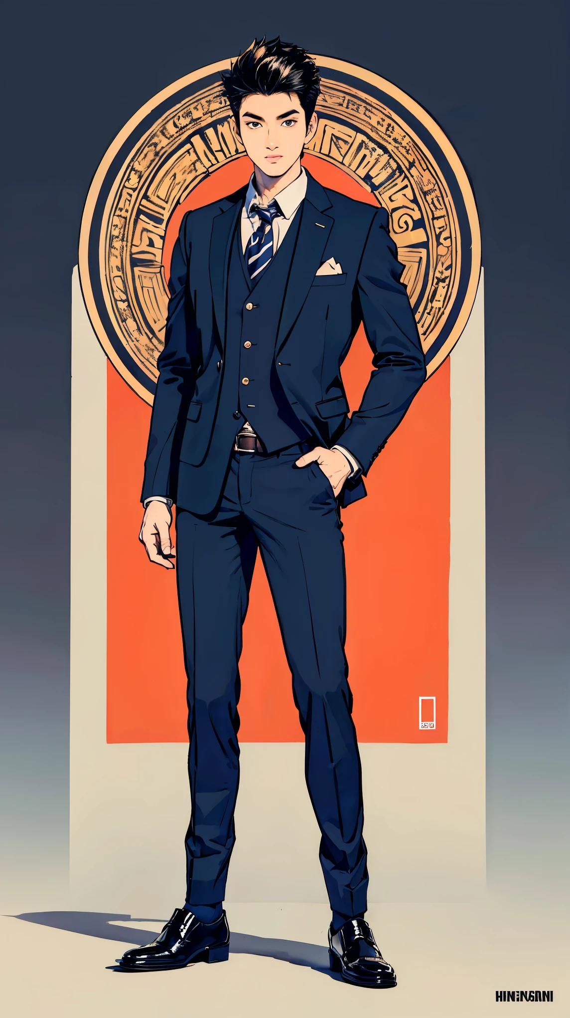 ((best quality,4k,highres,masterpiece:1.2)),((character concept art)), 1 male, 17-year-old Japanese male, high school student, son of a tech billionaire, ((brown hair)), handsome, tall, fitness model body, womanizer, heart-breaker, spoiled ???, rich ???, narcissist, ((intricate detail)), super finely detailed hands, ultra finely detailed fingers(((ten fingers))), wearing elite private high comprised of a dark-colored blazer or jacket, often navy or black, with a school emblem or crest, matching trousers tailored for a neat appearance, a tucked-in white dress shirt, a standard tie or a bowtie in school colors or a specific pattern associated with the school, black or brown leather dress shoes, an optional vest or sweater in school colors, and plain, dark-colored socks that match the rest of the outfit, (standing arrogantly), (full body showcase), (show full body), (no logos on background), (no logo), ((plain background)), ((plain background)), (((empty background))).