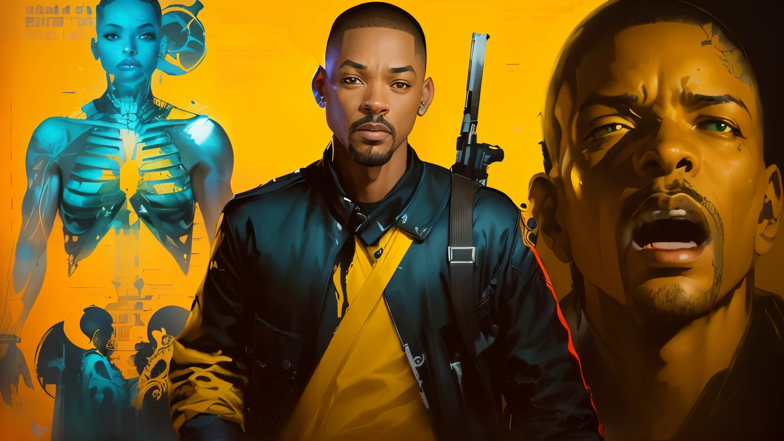 Will Smith, movie poster character, Will Smith portrait, Will Smith, de arte, Will Smith, personagem de filme, Admirador de arte, capa de filme e arte headshot, film illustration, arte conceitual do filme, detailed Admirador de arte, arte conceitual para filmes, estilo de carbono alterado, arte promocional de filme,obra de arte, Melhor qualidade, (papel de parede extremamente detalhado da unidade CG 8k), (Melhor qualidade), (best illustration), (melhor sombra), absurdos, realistic lighting, (Abismo), lindo brilho detalhado, arte de PeterMohrBacher,, yellow details, yellow background