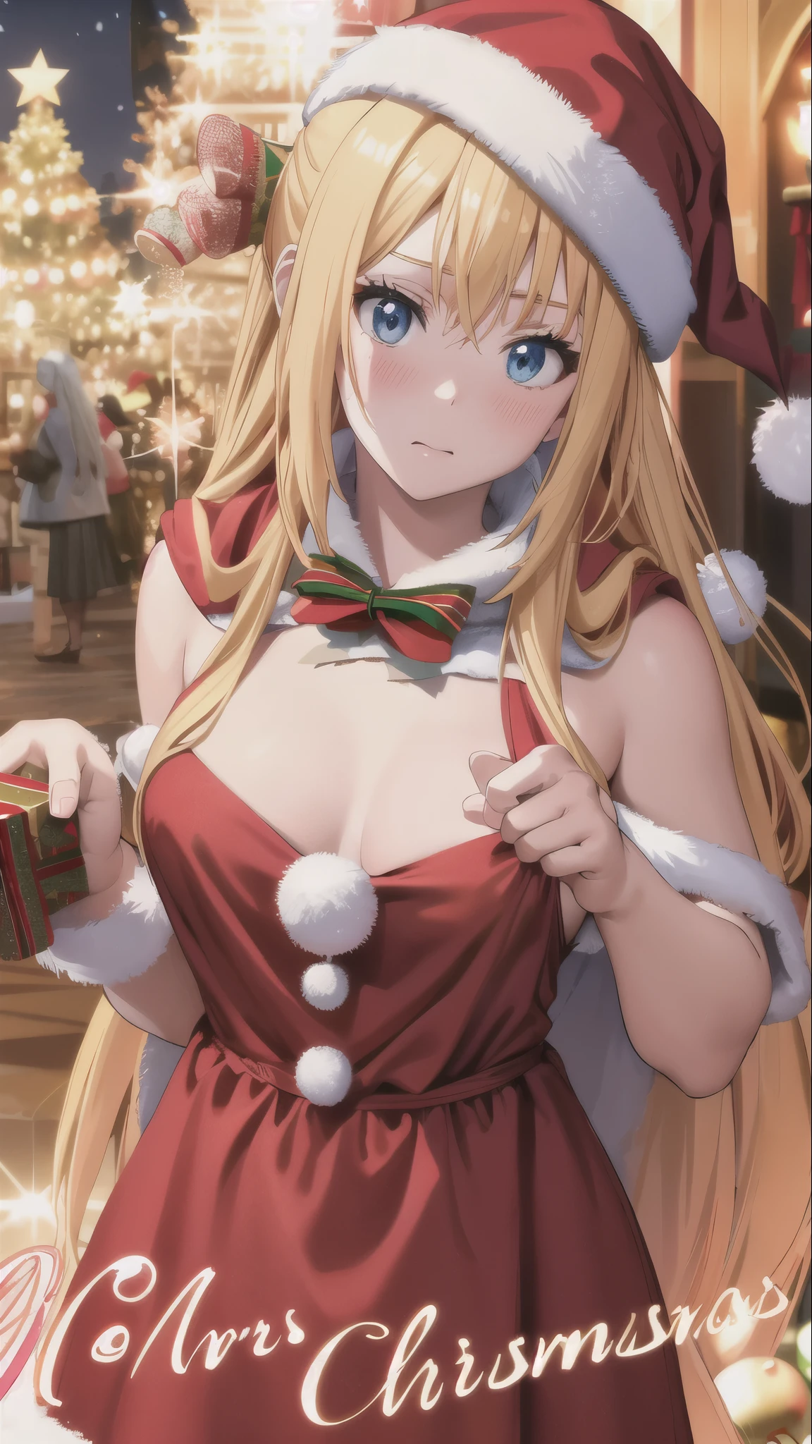 blonde hair,blue eyes, long hair, blush, red capelet, christmas, santa dress, capelet, dress, fur-trimmed capelet, santa costume, santa hat, red dress, red headwear, bangs, breasts, fur-trimmed dress, hat, fur trim, upper body, masterpiece, best quality,