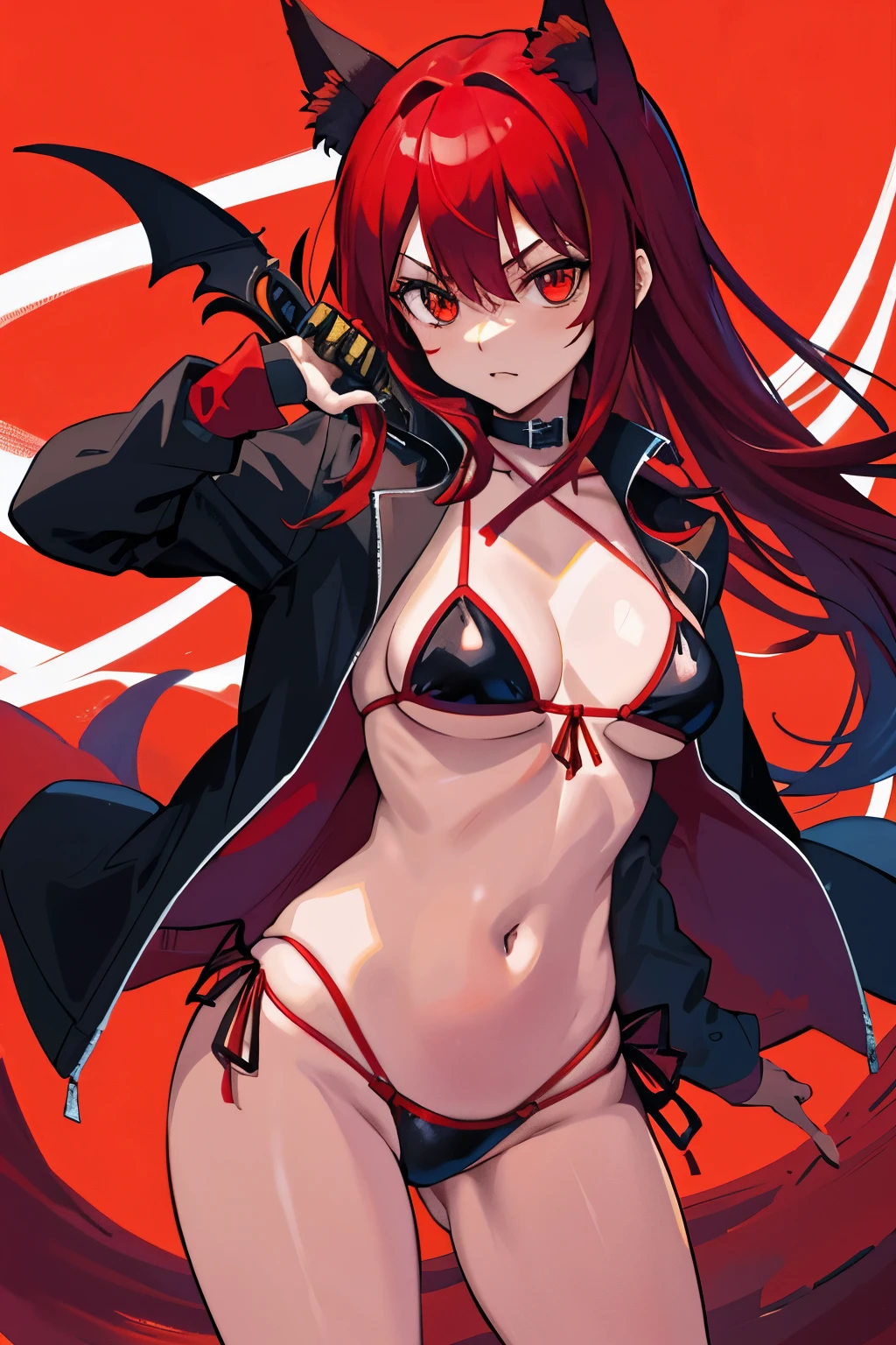 Fox Demon Little Red Lady, Schwarz Bikini, Open red big jacket, Rotes Katana