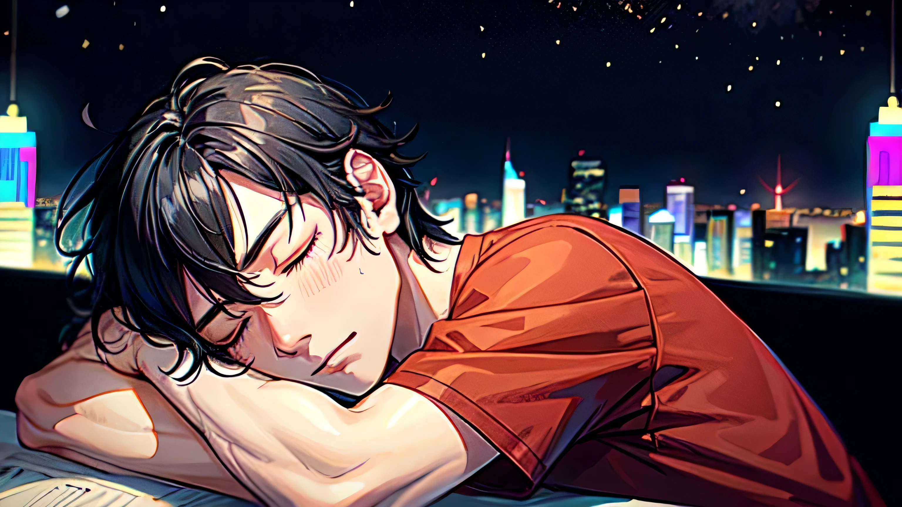 1 boy,black hair, (sketch:1.2), (night:1.4), (city pop:1.4),Dozing off,High definition,inside the room,Handsome guy,sleeping face,