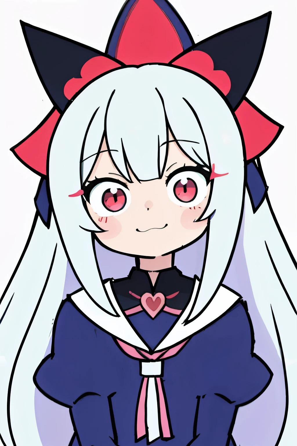 Close composition、1 person、Face illustration、cream hair、white hair、long hair、fluffy hair、Patsun bangs、1 person、Shoujo manga style、no background、big eyes、cute、Composition from the chest up、facing forward、deformed character, [[[[with an evil smile]]]], rorish, anime moe art style, , gapmoe yandere, Gap Moe Yandere Grim Dark, girl, Kanriu 666, smile uneasily, 2D anime style、pop