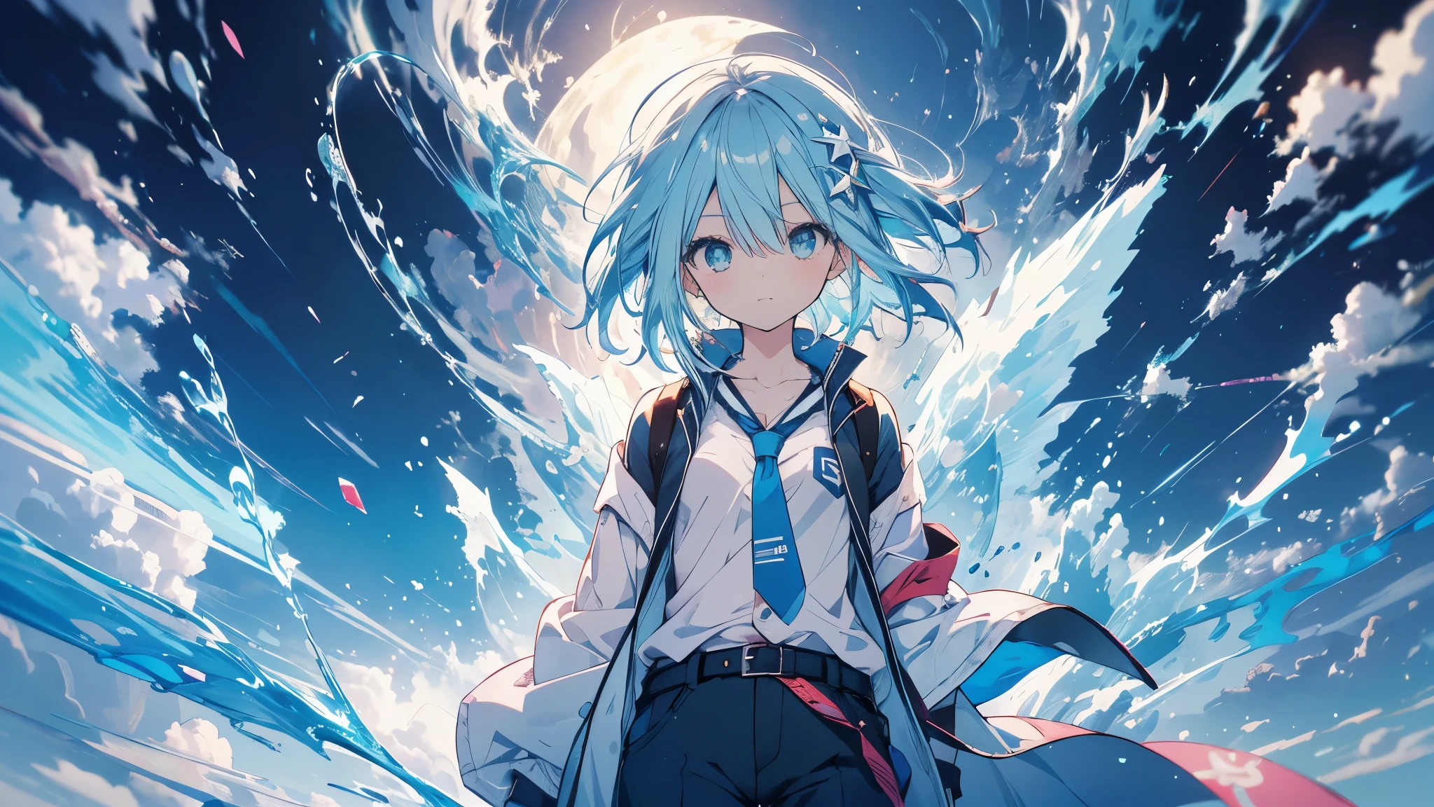 Dibujo de una chica con el pelo azul y una chaqueta azul, rimuru, estilo anime 2d, Foto de perfil de Rimuru Tempest, rimuru tempest, anime 2d, fubuki, foto completa de la tempestad de rimuru, cabello corto, chica anime con cabello verde azulado, arte 2d, arte 2d, Chica cola de caballo, Blue tie, Camisa blanca, indigo jacket, Brown belt at the waist..