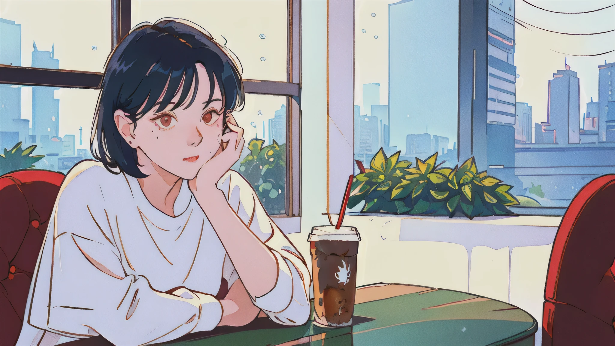 (best quality), (masterpiece), a young woman in her twenties sitting alone in a modern café, (heart-shaped face:1.3), (flawless white skin:1.3), (prominent nose:1.2), (large yet gentle eyes:1.2), (charming mole:1.1), short black hair framing her face freely, wearing a neat white T-shirt, ((bright lighting:1.2), (raindrops on the window:1.1), quiet café with a modern and contemporary ambiance, few people outside, occasional red blinking traffic light, ((resting her chin on her hand:1.1), (half-drunk iced coffee on the table:1.1))