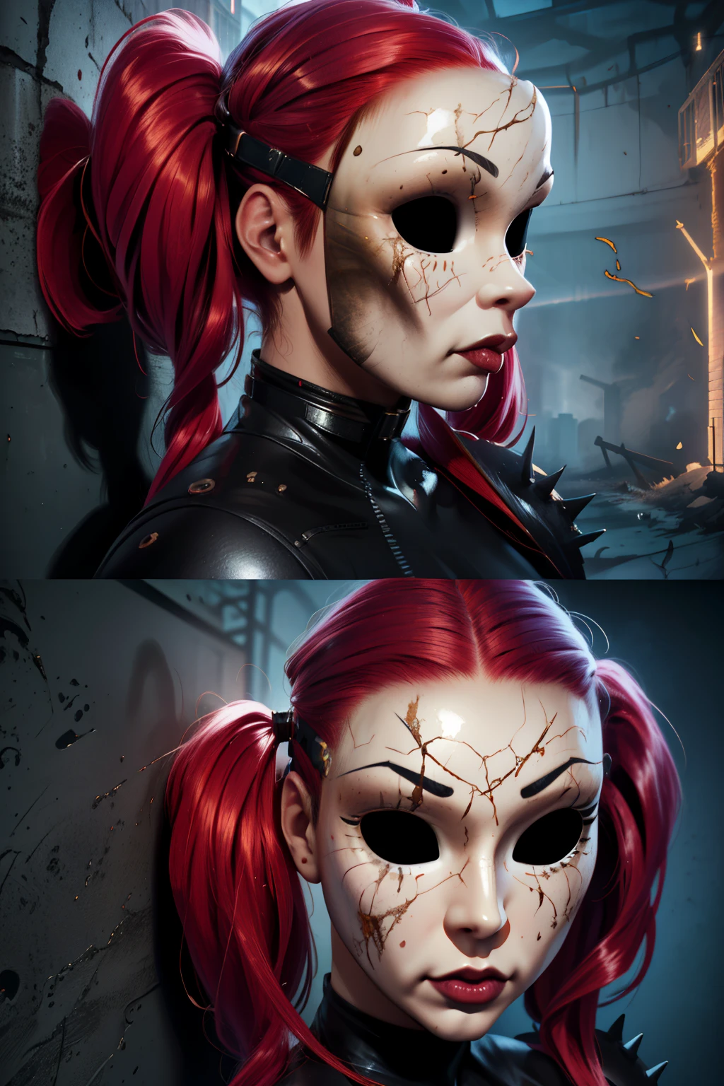 DollFace, Doll mask, Mask, (extremely detailed CG unity 4k wallpaper),(masterpiece),(best quality),(ultra-detailed),(best illustration),(best shadow),(absurdres),(detailed background), Detailed face, Detailed hair, super detailed, Black skintight suit, Long Dirty red hair (Pig Tails), Dark Horror theme, Anime,