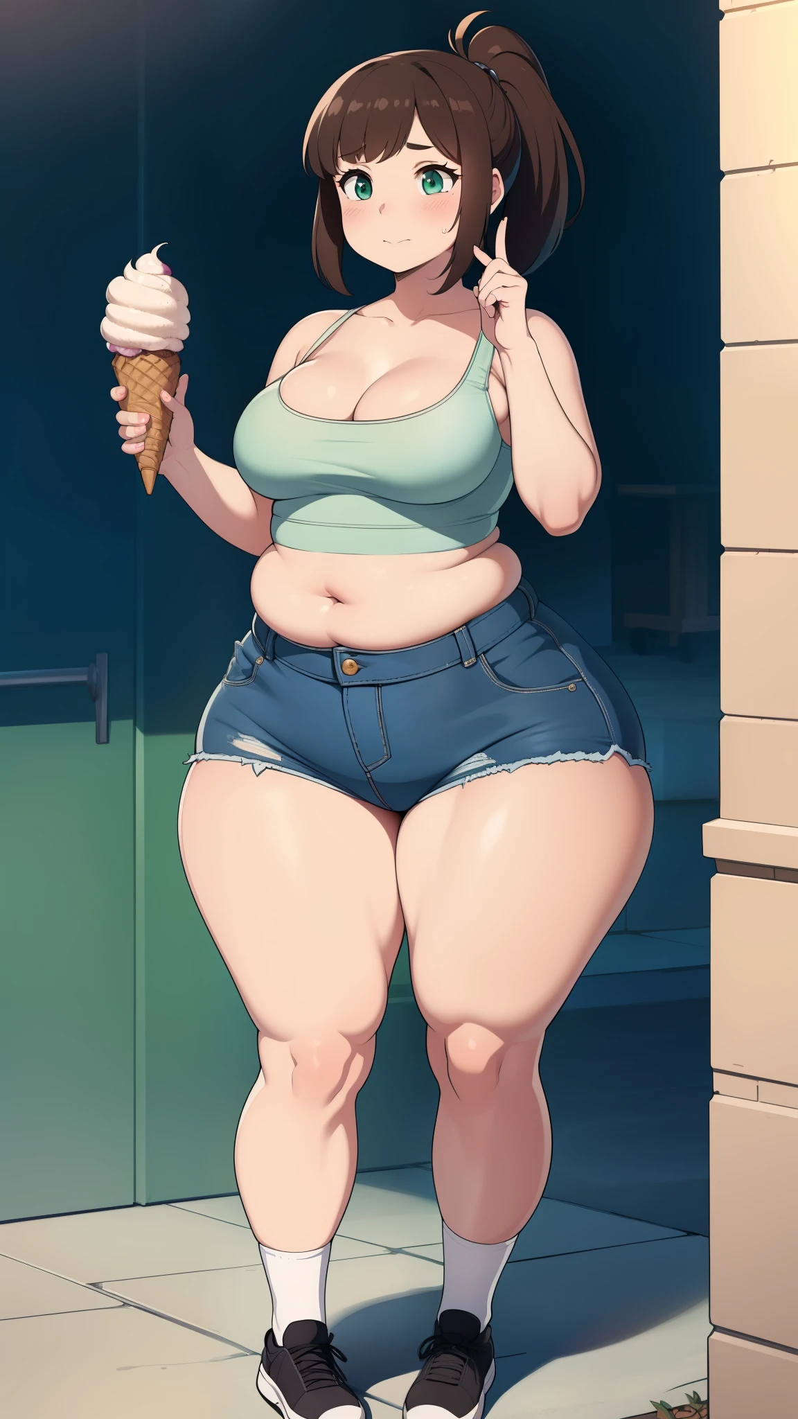 ((Masterpiece)), perfect anatomy, perfect shading, field of depth, (best quality), extremely delicate and beautiful, perfect lighting, detailed face, ultra cute face, cute, (1girl), (solo),

short fluffy brown hair, ponytail, green eyes, ((blush)), embarrassed, looking at viewer, crop top, shorts, cleavage, small breasts, ((thick thighs)), ((wide hips)), fat ass, chubby, 

intricate background, detailed background, park, standing, holding ice cream,
