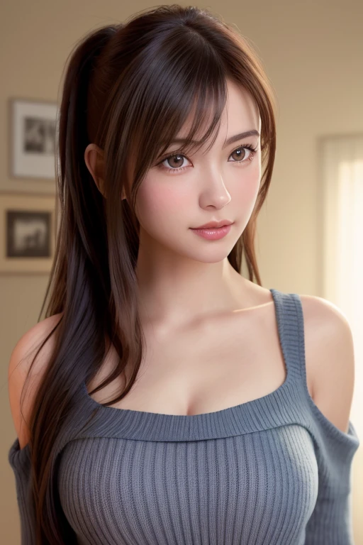 8K, of the highest quality, masutepiece:1.2), (Realistic, Photorealsitic:1.37), of the highest quality, masutepiece, Beautiful young woman, Pensive expression,、A charming、and an inviting look, Oversized off shoulder bedtime sweater、cleavage of the breast, Hair tied back, private bedroom background, Light skin tone