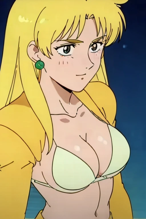 (masterpiece, best quality, high resolution, 2D, anime cels, megami magazine, 8K, Official art, sharp line), katejina loos, 1girl, sailor moon style:1.5, light smile, blush, blonde long hair, Katyusha, (large breasts:1.2), cleavage, (white bikini), light green sailor collar, (white elbow gloves), (front viewer:1.5, upper body, standing), (perfect detailed anatomy, beautiful detailed eyes, beautiful detailed face, perfect body, shiny skin), simple background, 