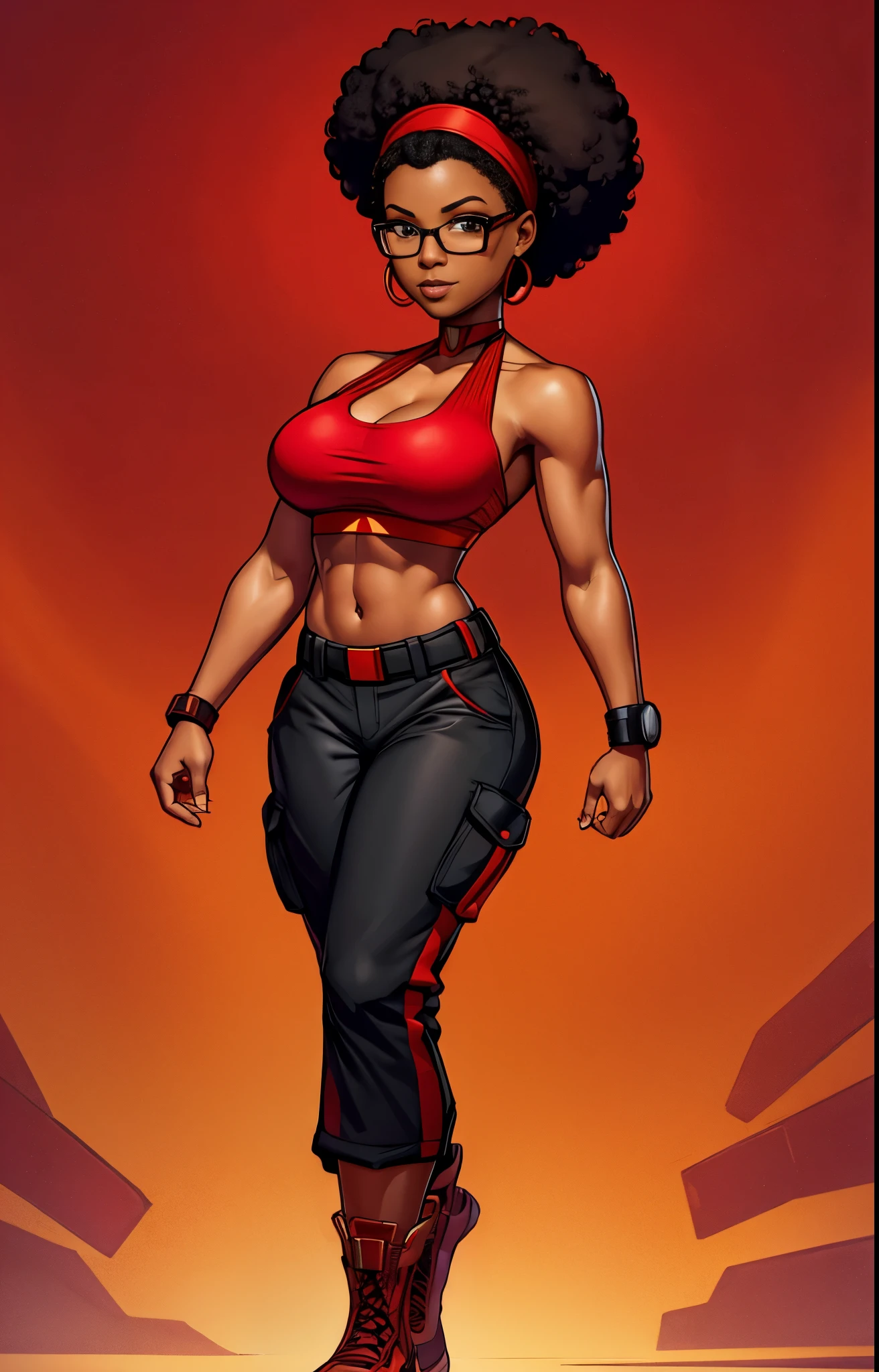  woman with a red halter top and a red headband, female lead character, nerdy black girl super hero, afro futurism, a portrait of the character,  full body character portrait, midriff, cargo pants
