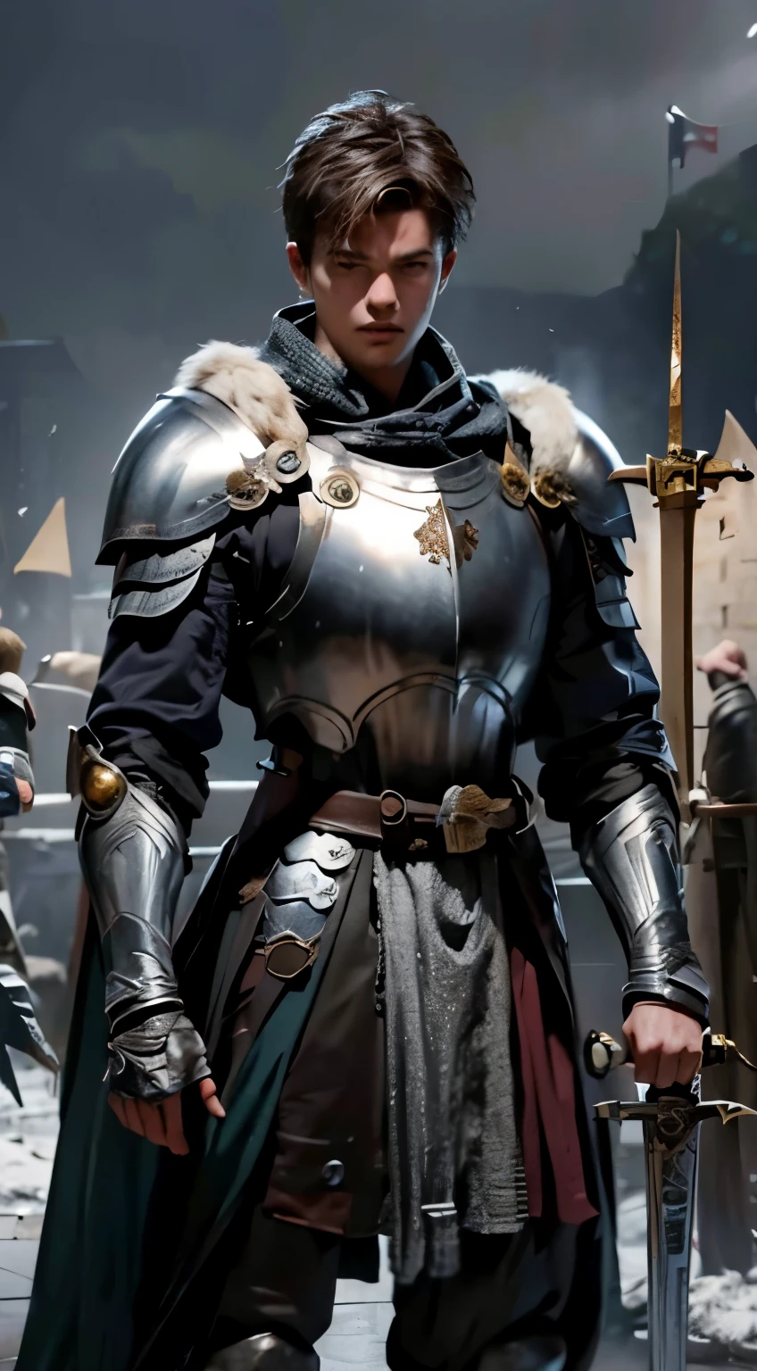 masterpiece, best quality,8k resolution,realistic,, 1 boy, male wearing big iron silver armor, knight class from game (night crows),use two handed big sword, large cape , spike hair, short hair, ready to fight pose, holding a large sword on his back