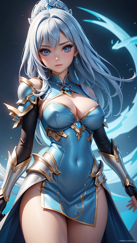 a close up of a woman in a silver and blue dress, chengwei pan on artstation, by Yang J, detailed fantasy art, stunning character art, fanart best artstation, epic exquisite character art, beautiful armor, extremely detailed artgerm, detailed digital anime art, artgerm on artstation pixiv, armor girl, arms behind head 