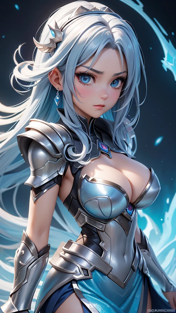 a close up of a woman in a silver and blue dress, chengwei pan on artstation, by Yang J, detailed fantasy art, stunning character art, fanart best artstation, epic exquisite character art, beautiful armor, extremely detailed artgerm, detailed digital anime art, artgerm on artstation pixiv, armor girl, arms behind head