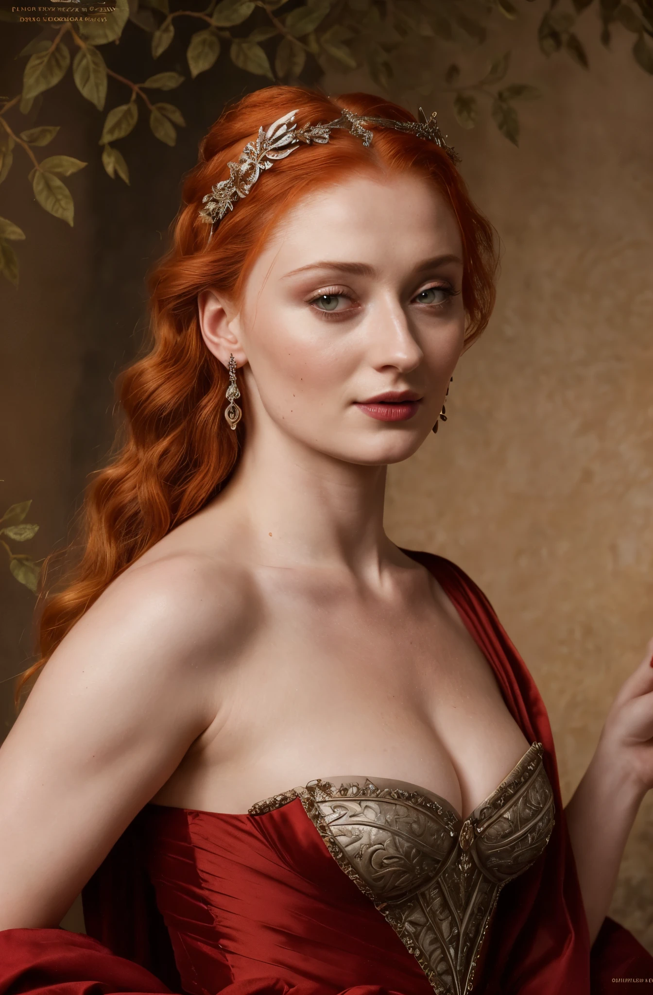 Face of Sophie Turner, Sansa Stark played by Sophie Turner, the de facto Lady of the Eyrie, is a 40-year-old mature queen with a stunning, alluring appearance. Full Face, pierced eyes, reddish lips, upper body shot, erotic Mediaeval costumes, game of thrones costumes, She wears a Game of Thrones-inspired costume and has a deep cleavage, a perfect thick body, and a perfect thick figure. The photograph captures her in a close-up, with her skin texture and facial features being ultra-realistic and realistic.
