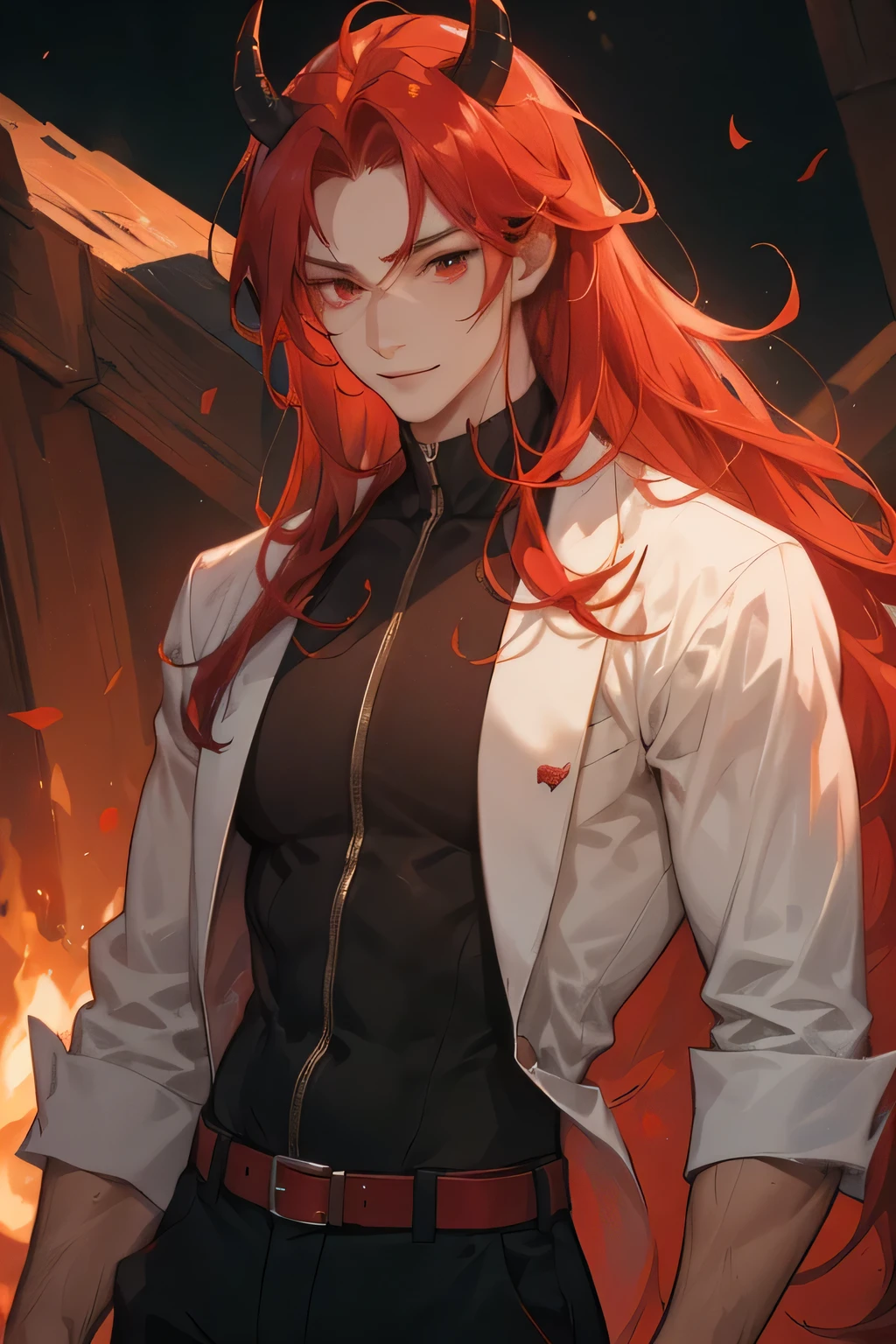 MAN, A MAN, 1men, muscular shape, red hair, long hair, red eyes, messy hair optimistic appearance, smile with confidence, Demons, Two black horns grow on his head, large shoulders, oldest, 27 years old