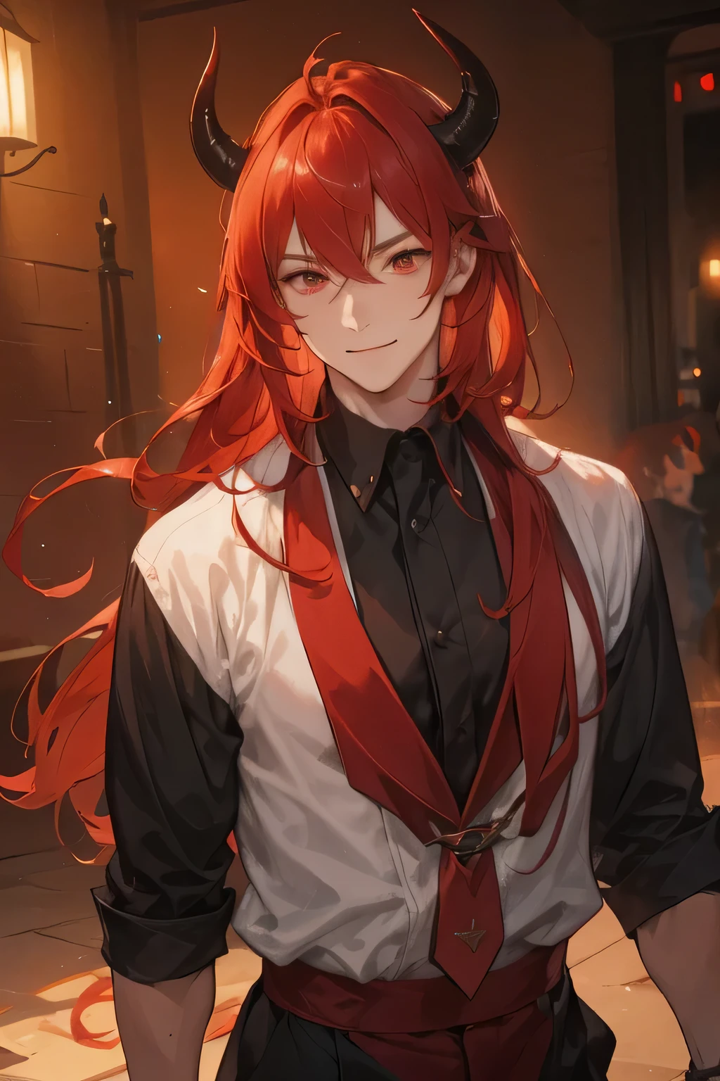 MAN, A MAN, 1men, muscular shape, red hair, long hair, red eyes, messy hair optimistic appearance, smile with confidence, Demons, Two black horns grow on his head, large shoulders, oldest, 27 years old