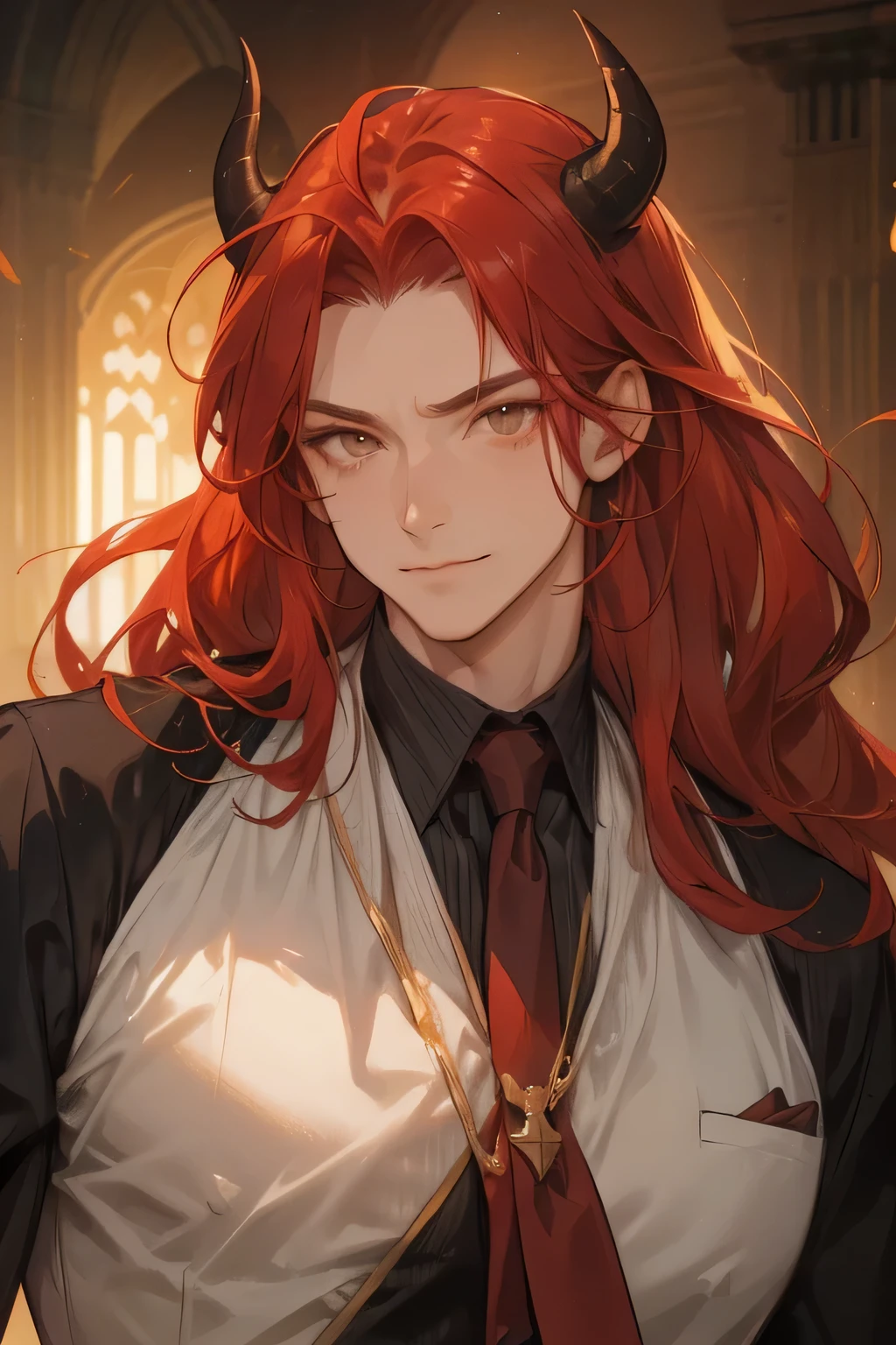 MAN, A MAN, 1men, muscular shape, red hair, long hair, golden eyes, messy hair optimistic appearance, smile with confidence, Demons, Two black horns grow on his head, large shoulders, oldest, 31 years old, old
