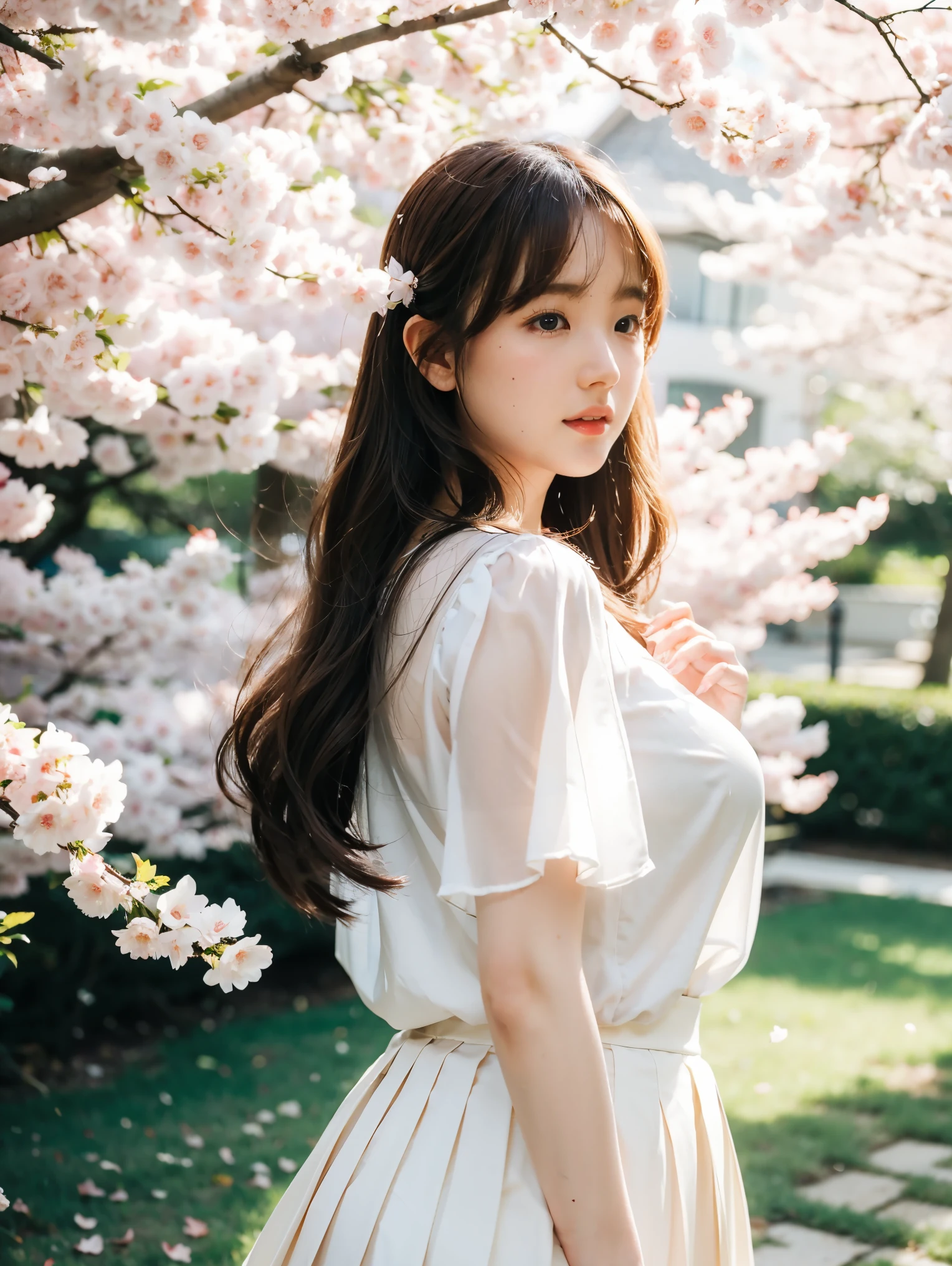 one pretty girl, solo, supermodel, pale skin, long wavy hair, blunt bangs, make up, parted lips, big , , white shirt, pleated skirt, looking at viewer, a blooming cherry blossom grove, with delicate pink petals floating in the breeze, soft lighting, film grain, upper body, 