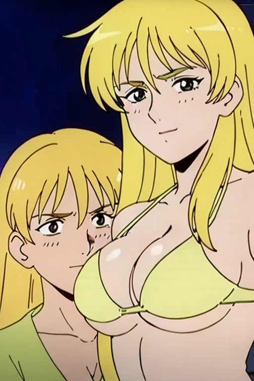 (masterpiece, best quality, high resolution, 2D, anime cels, megami magazine, 8K, Official art, sharp line), katejina loos, 1girl, light smile, blush, blonde long hair, headband, (large breasts:1.2), cleavage, (white bikini), (front viewer:1.5, upper body, standing), (perfect detailed anatomy, beautiful detailed eyes, beautiful detailed face, perfect body, shiny skin), simple background,