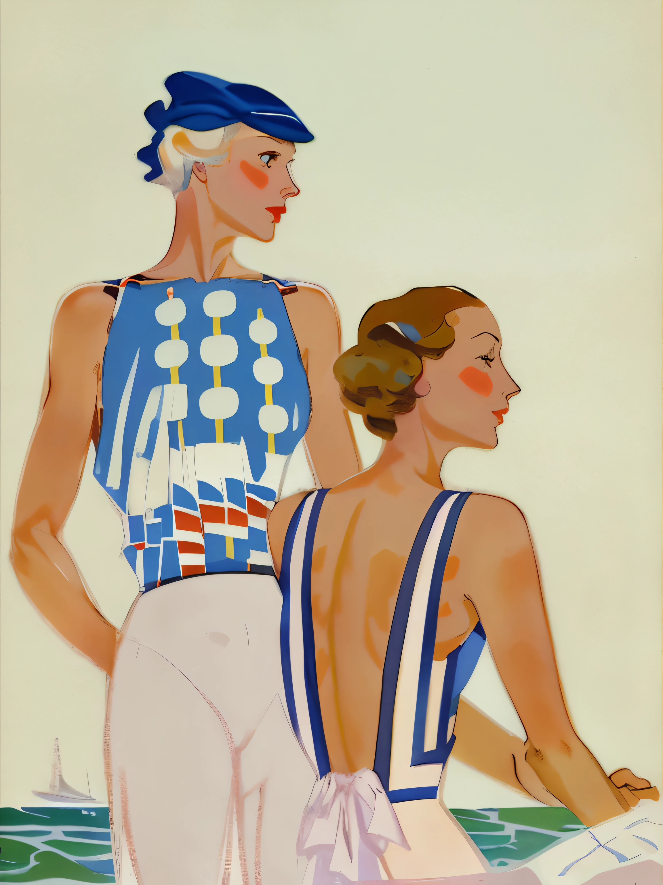 a close up of a woman and a man in swim suits, by Pruett Carter, otto schmidt, art deco illustration, by Albert Dorne, by Hans Baluschek, by Maurice Braun, by Maude Kaufman Eggemeyer, part leyendecker style, by Coles Phillips, by Wilhelm Sasnal, leyendecker style, by Rudolf Freund