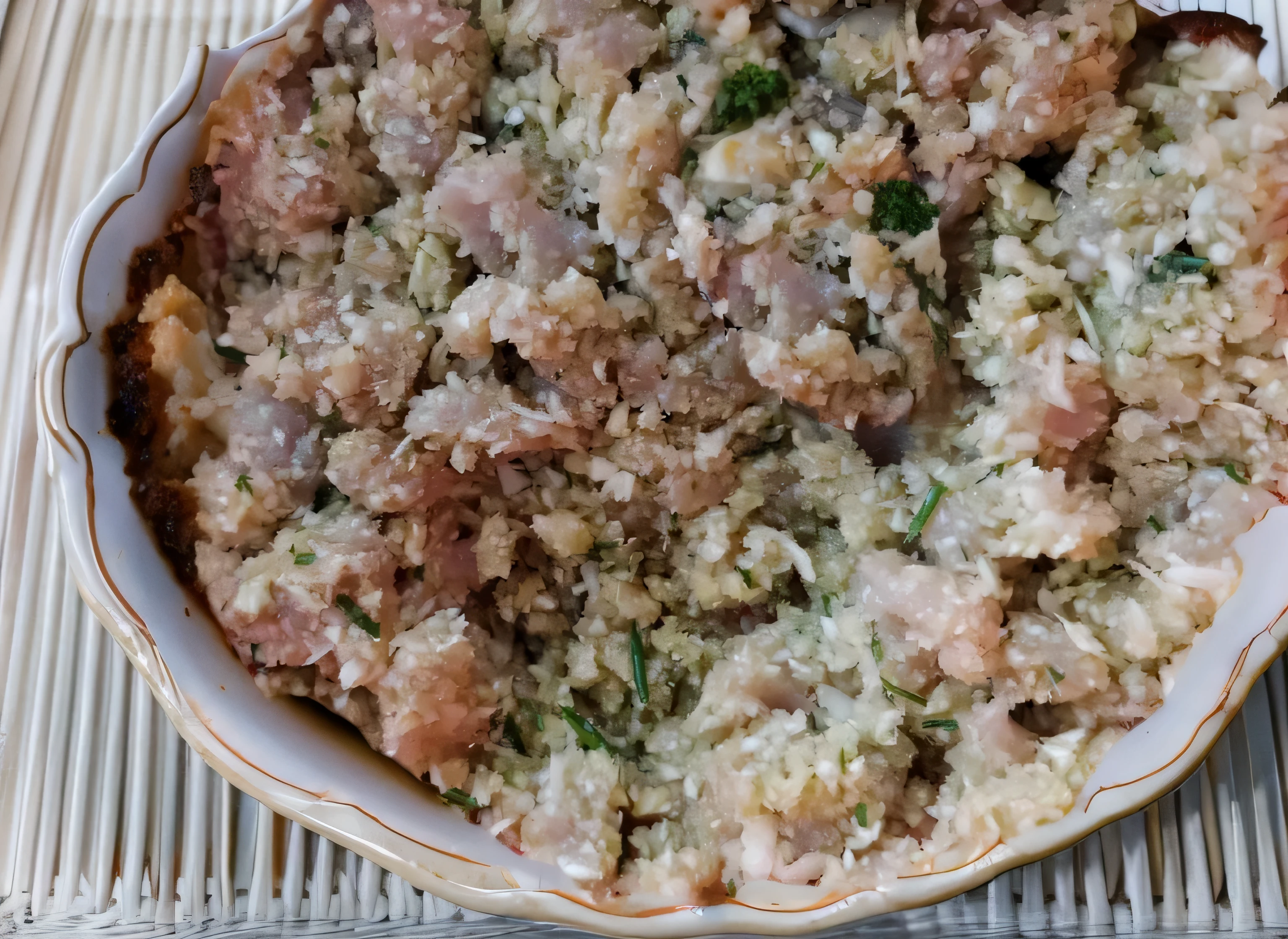 there is a bowl of food that is sitting on a table, inspired by Eugène Boudin, recipe, pork, above view, extremely intricate, stuffed, added detail, turkey, inspired by James Ensor, tatsumaki, dish, highly intricate, ny, ham, cheesy, salmon khoshroo, by Maksimilijan Vanka, chicken