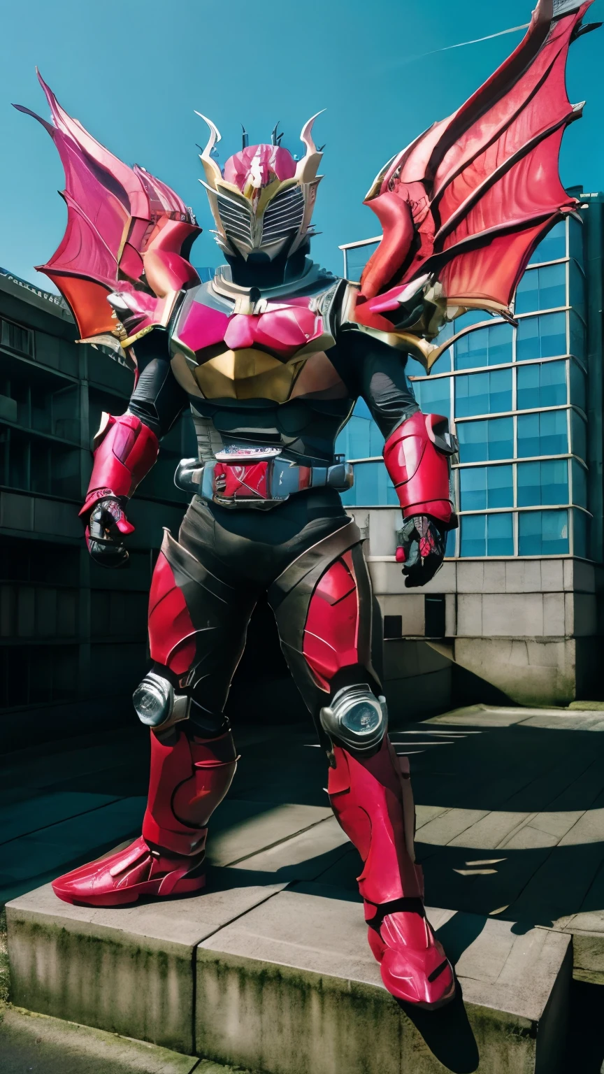 Kamen Rider Theta, red dragon cyborg motif, background on top of building in the morning.