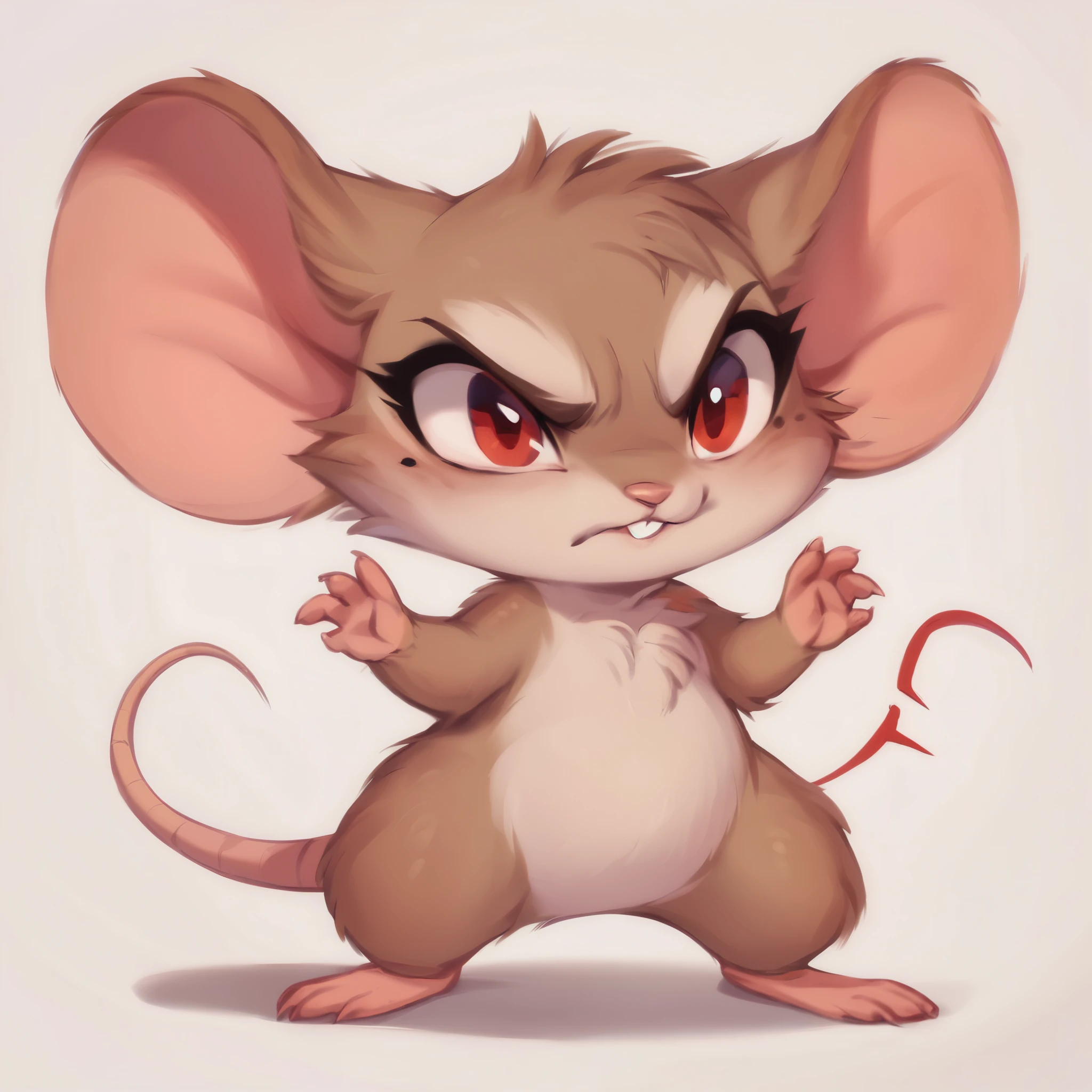score_9, score_8_up, score_7_up, score_6_up, score_5_up, score_4_up, show accurate, full body, hungry body, simple background, (solo), (semi anthro), mouse, female mouse, fur body, ultra fine fur, standing, red eyes, ((light brown dull fur)), determined look,