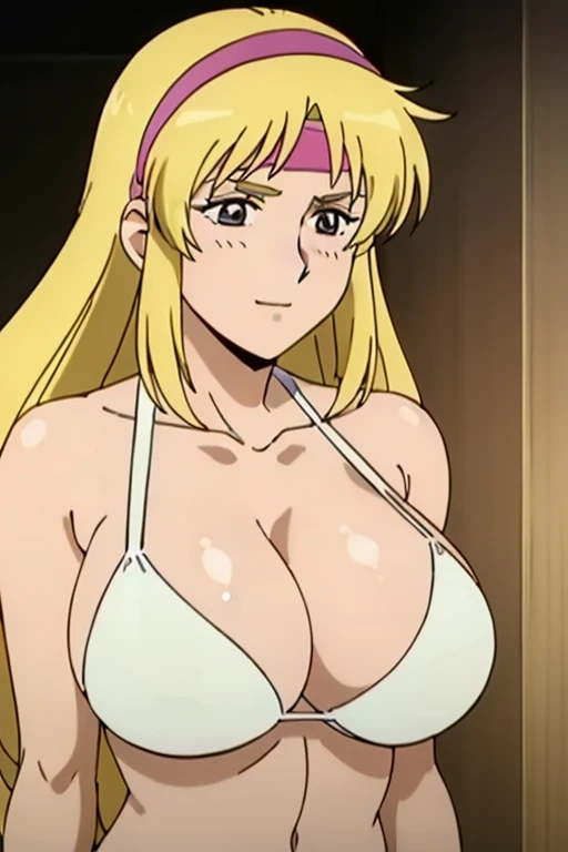 (masterpiece, best quality, high resolution, 2D, anime cels, megami magazine, 8K, Official art, sharp line), katejina loos, 1girl, light smile, blush, blonde long hair, headband, (huge breasts:1.2), cleavage, (white bikini), (upper body, standing), (perfect detailed anatomy, beautiful detailed eyes, beautiful detailed face, perfect body, shiny skin), simple background, 