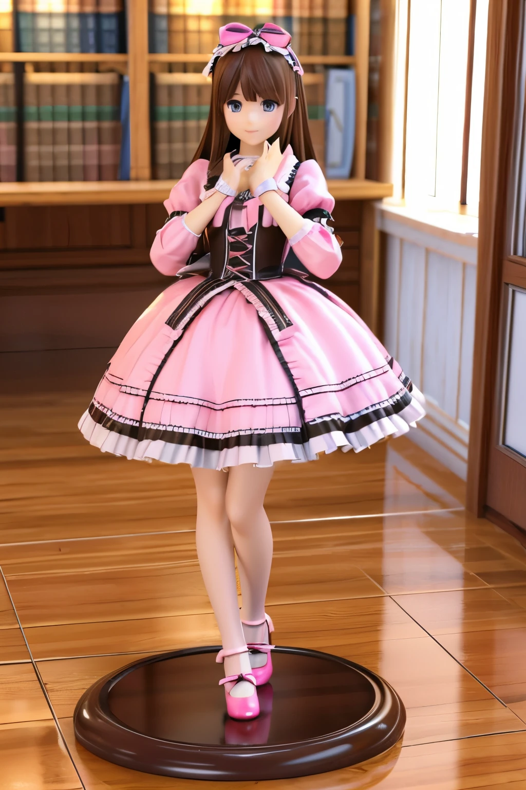 (best quality:1.2), masterpiece,Ultra High Resolution,1girl, solo, pov,black eyes,ultra-detailed face,detailed eyes,Stars in the eyes,long eyelashes,smile,pink lolita fashion(pink:1.4),black ribbon on clothes、long hair、straight hair、blunt bangs,(shining brown hair),black cute pumps,full body,Putting hands to one’s face,rim light,dyanmic angle, table, (Western-style room with bookshelf), BREAK, (faux figurine, 3D:1.5)