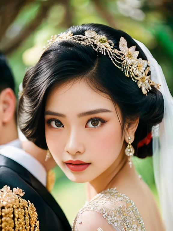 ((best quality)), ((masterpiece)), (detailed), perfect face, The photo captures a pair of Indonesian groom and bride dressed in traditional Javanese attire, adorned in golden and green hues. They stand against an elegant backdrop blending traditional and modern themes seamlessly. Both gaze confidently at the camera and viewers, exuding grace and poise. The professional-grade photograph showcases beautiful color gradients, remarkable depth, and sharpness, courtesy of the most advanced camera technology available today. symmetrical