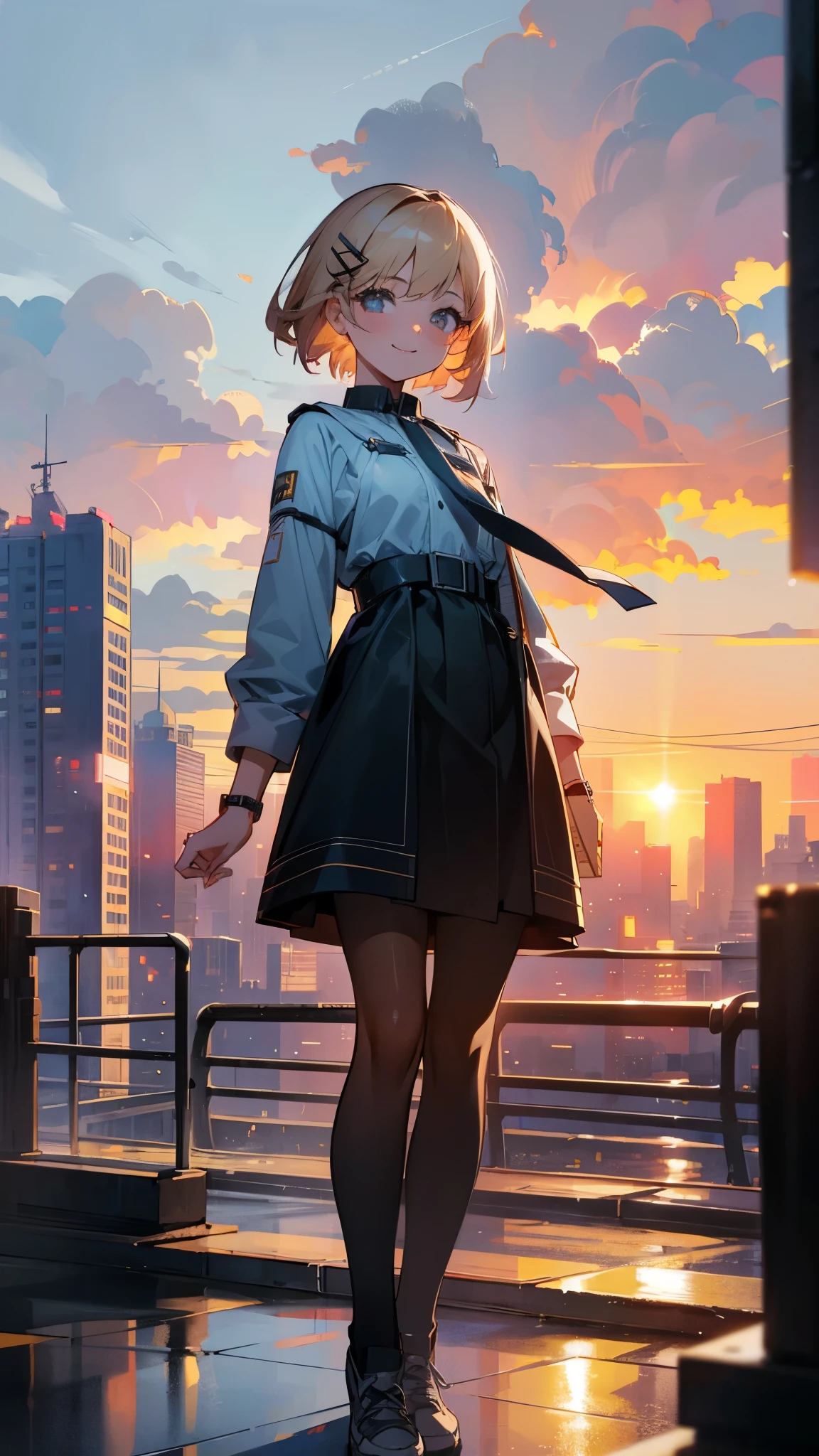 masterpiece:1.3),(best quality),(ultra-detailed),,8k,semi-realistic,4k,RTX,shaders,brilliant texture work, standing in the city street,sunset,clouds, ,smile, short hair, hairpin,sunset view , ,shiny sun, far view, highly detailed,8k, lightning from the sun into the building, night city view, top building, detailed sky, , neons light,1 girl , cute outfit