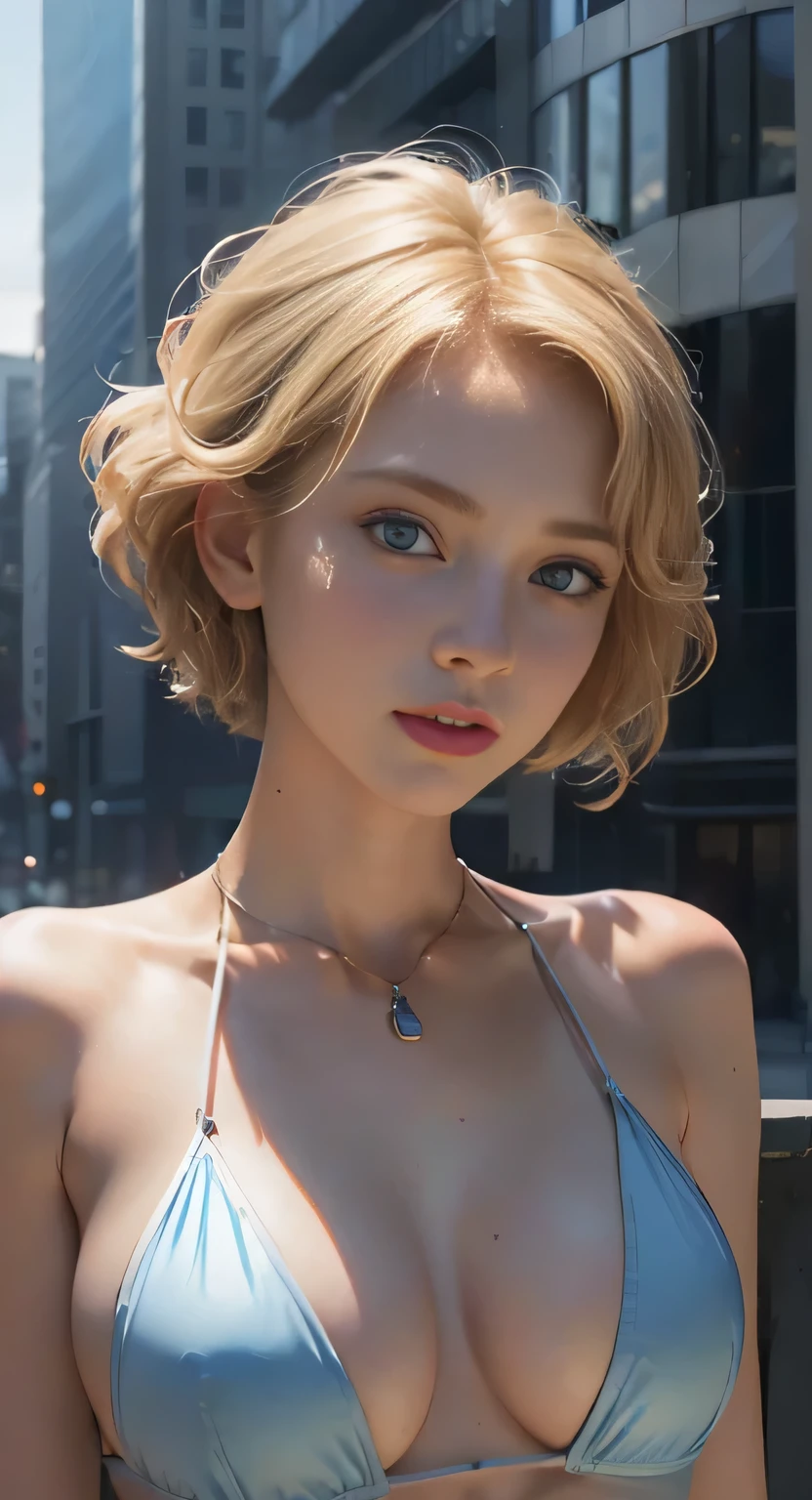 (1girl: 1.3), solo, beautiful face, (((extremely detailed face))),(((extremely detailed face and eyes)),beautiful detailed eyes, body-parts__, official art, 8k unified wallpaper, super detailed, beautiful and aesthetic, beautiful, masterpiece, best quality, raw, masterpiece, super thin photo, best quality, super high resolution, photorealistic realism, sunlight, full body portrait, amazing beauty, short blonde haircut, dynamic pose, delicate face, vibrant blue eyes, (from the front), she is wearing a (red bikini), top of a skyscraper building, very detailed, detailed face, detailed complex busy background, messy, beautiful, milky white, highly detailed skin, realistic skin details, visible pores, sharp focus, volumetric mist, 8k uhd, DSLR, high quality, film grain, fair skin, photorealism, Lomography, Huge Metropolis in Future Dystopia, View from Below, Translucent, nsfw
