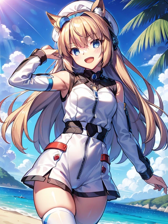 ((masterpiece))、highest quality、(Whole body wide angle)、Neo Universe(Umamusume)、1 girl, Neo Universe(Umamusume)、alone, chest, looking at the viewer, blush, smile, long hair, bangs, large chest, blonde long hair, long sleeve, blue eyes, headphone,beret,:d, body suit, bSpace, white body suit, blue sky,Ocean,summer,Wind:1.3,, Space Suit Break