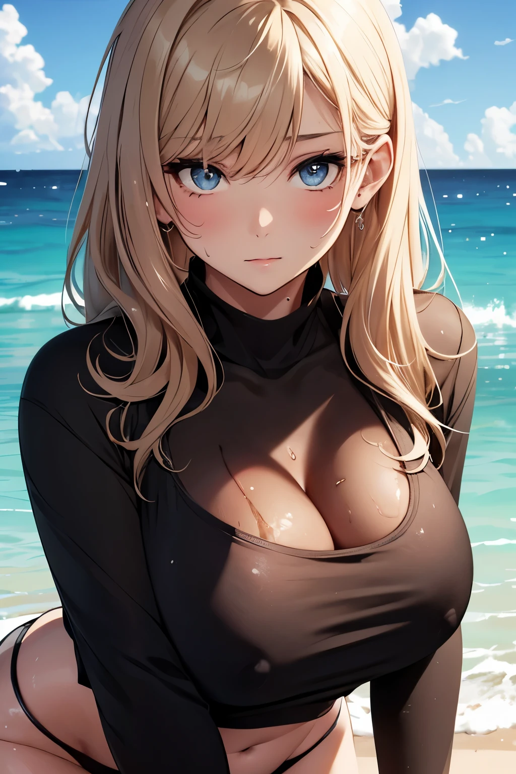 Beautiful girl, beautiful face, sweat, wet, sandy beach, black shirt, ,