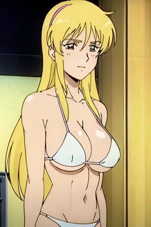 (masterpiece, best quality, high resolution, 2D, anime cels, megami magazine, 8K, Official art, sharp line), katejina loos, 1girl, light smile, blush, blonde long hair, headband, (huge breasts:1.2), (white bikini), (upper body, standing), (perfect detailed anatomy, beautiful detailed eyes, beautiful detailed face, perfect body, shiny skin), simple background, 
