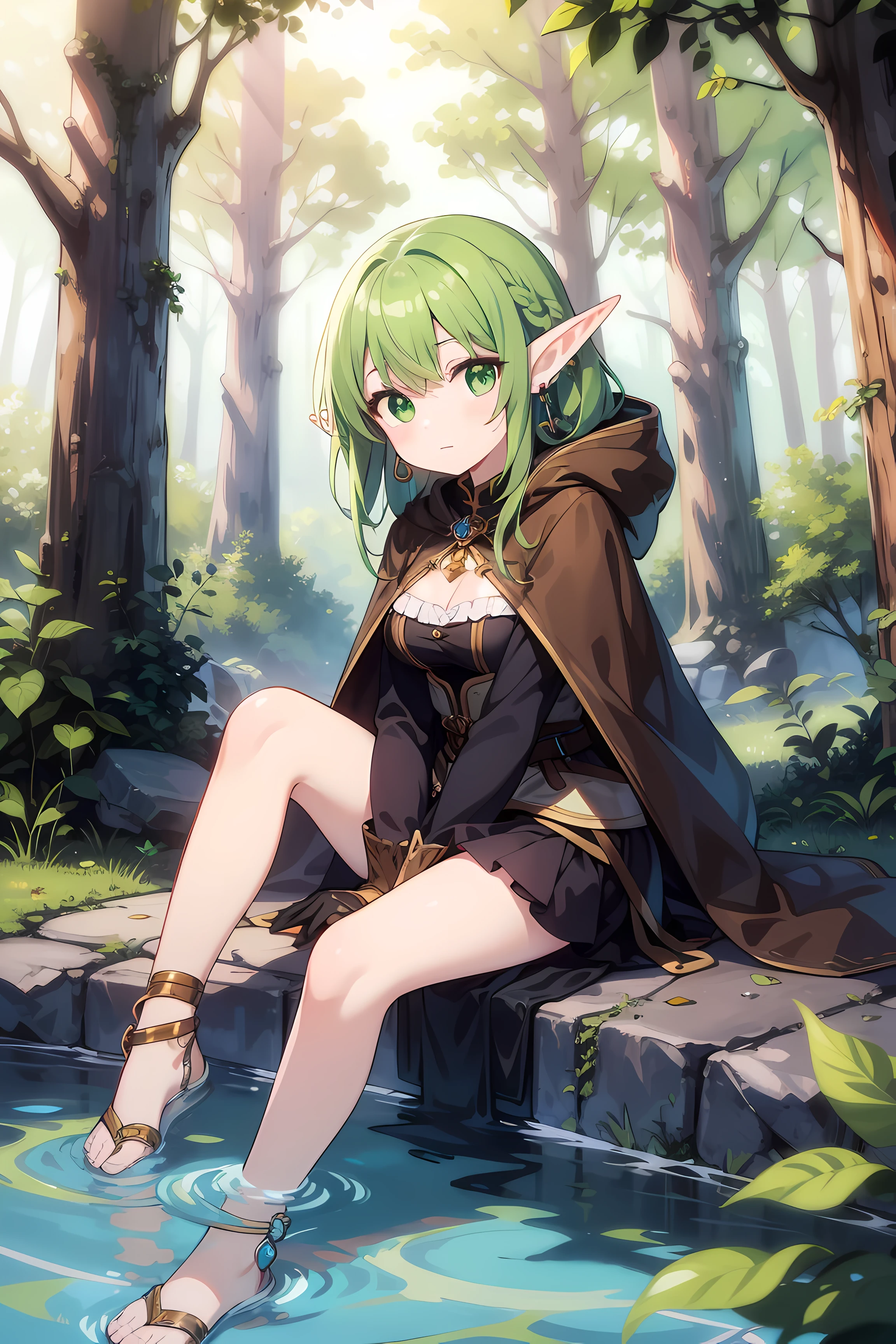 masterpiece, best quality, (alone, forest elf)， dark green hair，long plait hairstyle，green eyes, light-brown-white-black clothes, brown cape, hood, brown gloves, white long sleeves, brown-leather (medieval-roman-sandals ) wrapped around legs [all the way up to her knees], flower-hair-accessory, long earrings, middle breast，ancient ruins in the forest, during the day, sunlight, looking into camera，Show long legs, feet touching water, expressive eyes, perfect face, 