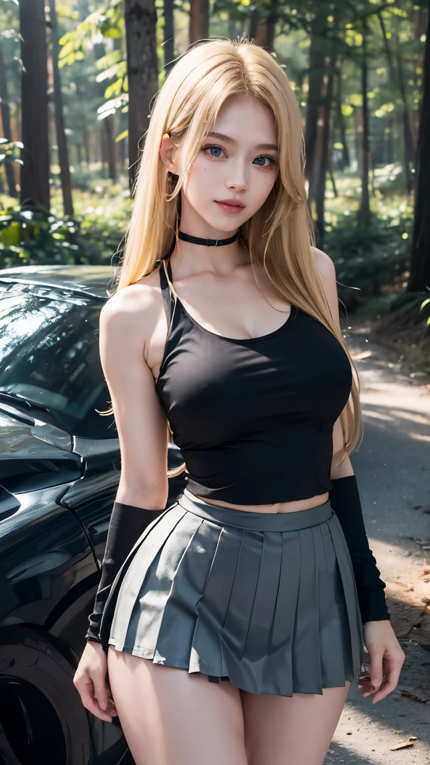 1girl, (Blue eyes), (smiling :1.2), (Sana Minatozaki), (((very wide hips))), Big tits, big ass, ((very thin waist: 1.2)), ((ultra detailed and toned legs :1.1)), (((very thick and toned thighs :1.1))), (Best Quality, 8k, Masterpiece: 1.3), Clear Focus: 1.2, Perfect Body Beauty: 1.4, Highly detailed face and skin texture, detailed eyes, double eyelids, (blonde long hair :1.2), (black tanktop), (black pleated skirt), standing, dynamic pose, in a pine forest, mountains in the background
