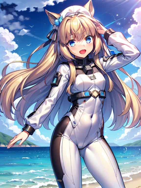 ((masterpiece))、highest quality、(Whole body wide angle)、Neo Universe(Umamusume)、1 girl, Neo Universe(Umamusume)、alone, chest, looking at the viewer, blush, smile, long hair, bangs, large chest, blonde long hair, long sleeve, blue eyes, headphone,beret,:d, body suit, bSpace, white body suit, blue sky,Ocean,summer,Wind:1.3,, Space Suit Break
