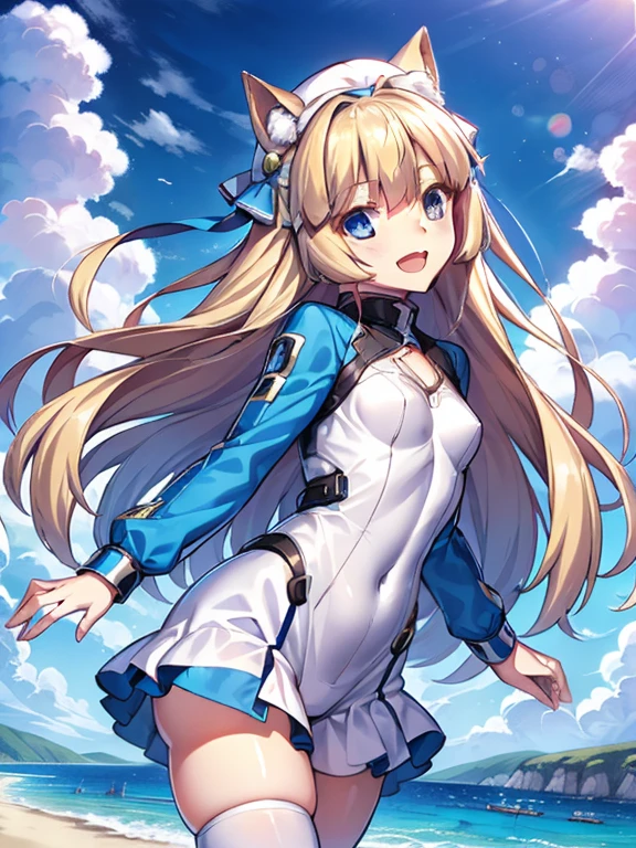 ((masterpiece))、highest quality、(Whole body wide angle)、Neo Universe(Umamusume)、1 girl, Neo Universe(Umamusume)、alone, chest, looking at the viewer, blush, smile, long hair, bangs, large chest, blonde long hair, long sleeve, blue eyes, headphone,beret,:d, body suit, bSpace, white body suit, blue sky,Ocean,summer,Wind:1.3,, Space Suit Break