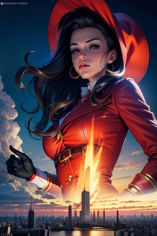 An animated illustration of a girl in a red coat and a large red hat, standing in Paris, France. The artwork is in a realistic style with a 0.2 level of realism. The girl is wearing black pants and a black office shirt, resembling Carmen Sandiego. The scene is set under a clear blue sky with dramatic lighting, with epic lights illuminating the girl's face. The face is backlit, creating a stunning effect. The lighting is expertly done, with a fill lamp to enhance the details on the girl's face. This artwork is considered a masterpiece, inspired by the character Carmen Sandiego from the Carmen Sandiego video game series, created by Shurik-2000 with a 0.6 level of