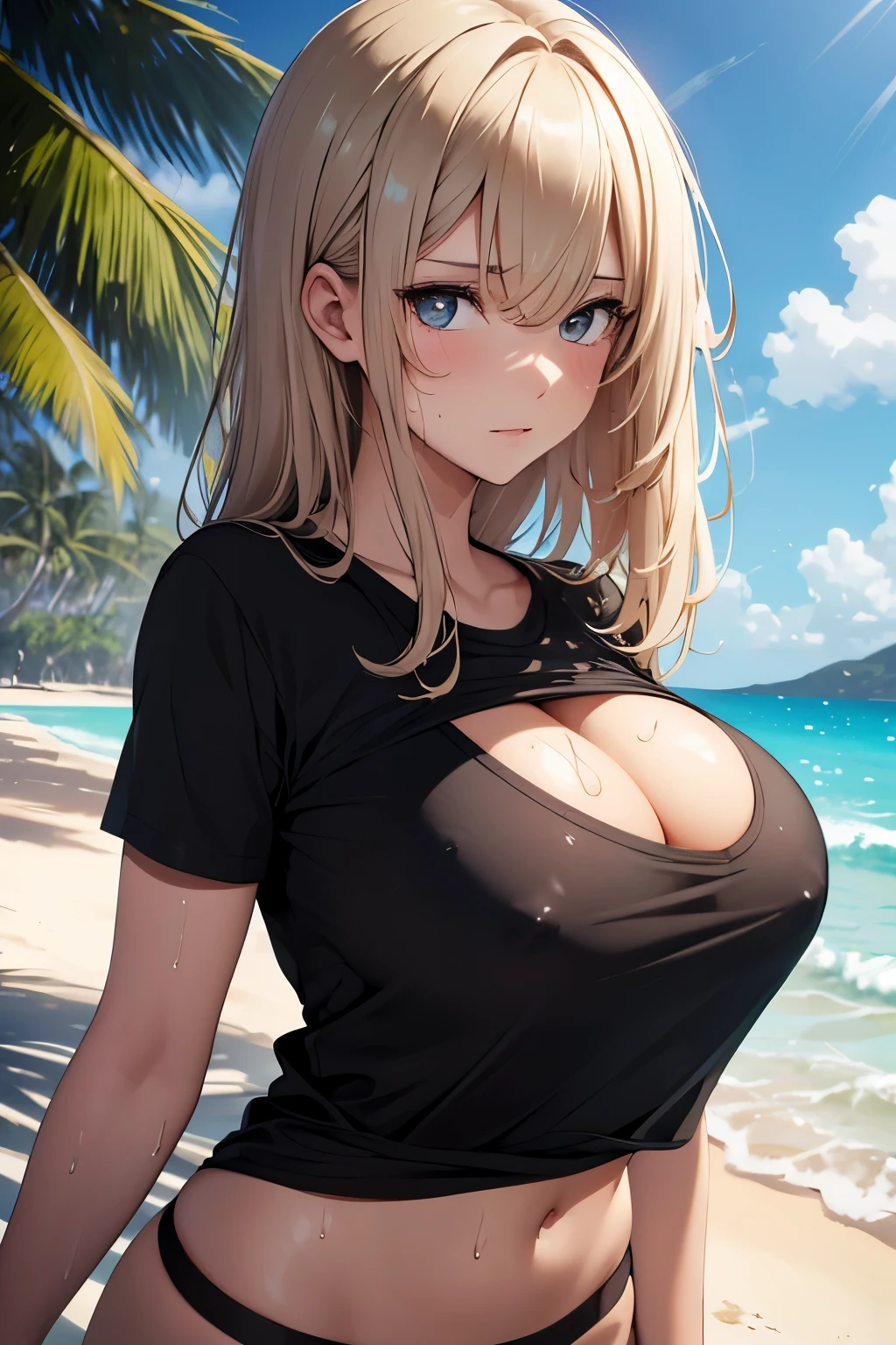 Beautiful girl, beautiful face, sweat, wet, sandy beach, black shirt, big breasts,