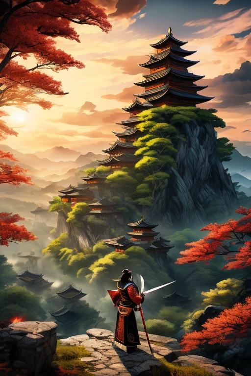 Obra maestra: A masterpiece of computer-generated illustration, boasting ultra-detailed and sharp features in 8K resolution. With better lighting, appropriate shading, and high definition textures, every intricacy and line comes to life. Inspired by the game Mahokenshi, this scene depicts Ruby's House – a fortress of the aggresive and formidable Tengu, Winged Mountain Kami. One woman, clad in black hair and fiery red eyes, stands alone in this samuraipunk setting, her obi belt adorned with intricate tracings.
Mejor calidad: This illustration personifies superior quality, featuring a hyper